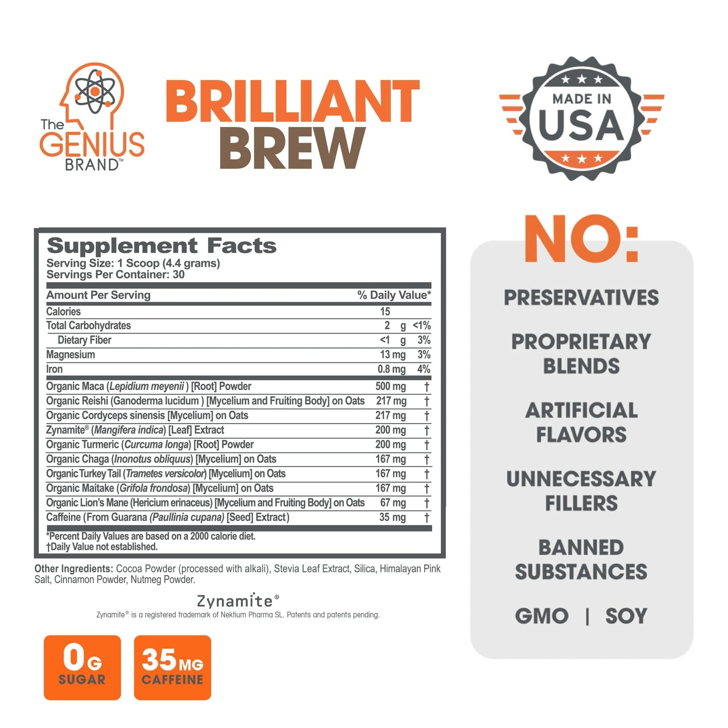 The Genius Brand Genius Brilliant Brew - Natural Coffee Substitute for Clear Thinking, Energy & Immune Support - No Crash or Jitters - Powered by Nootropics - Non-GMO - 30 Servings - Sweet Cocoa The Genius Brand