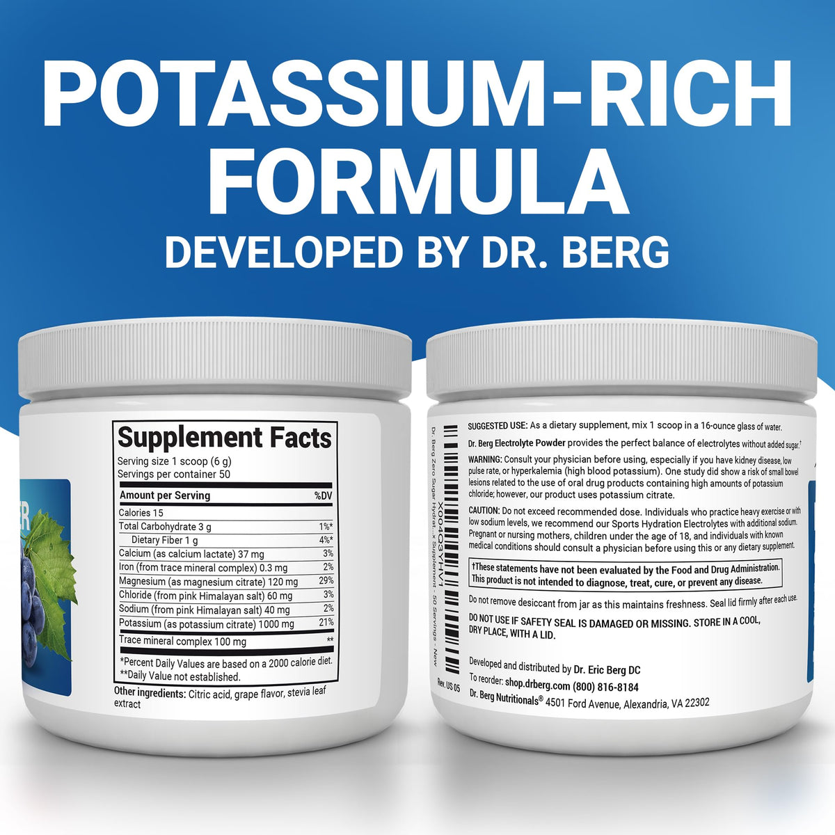 Dr. Berg Zero Sugar Hydration Keto Electrolyte Powder - Enhanced w/ 1000 mg of Potassium & Real Pink Himalayan Salt (NOT Table Salt) - Grape Flavor Hydration Drink Mix Supplement - 50 Servings Dr. Berg Nutritionals