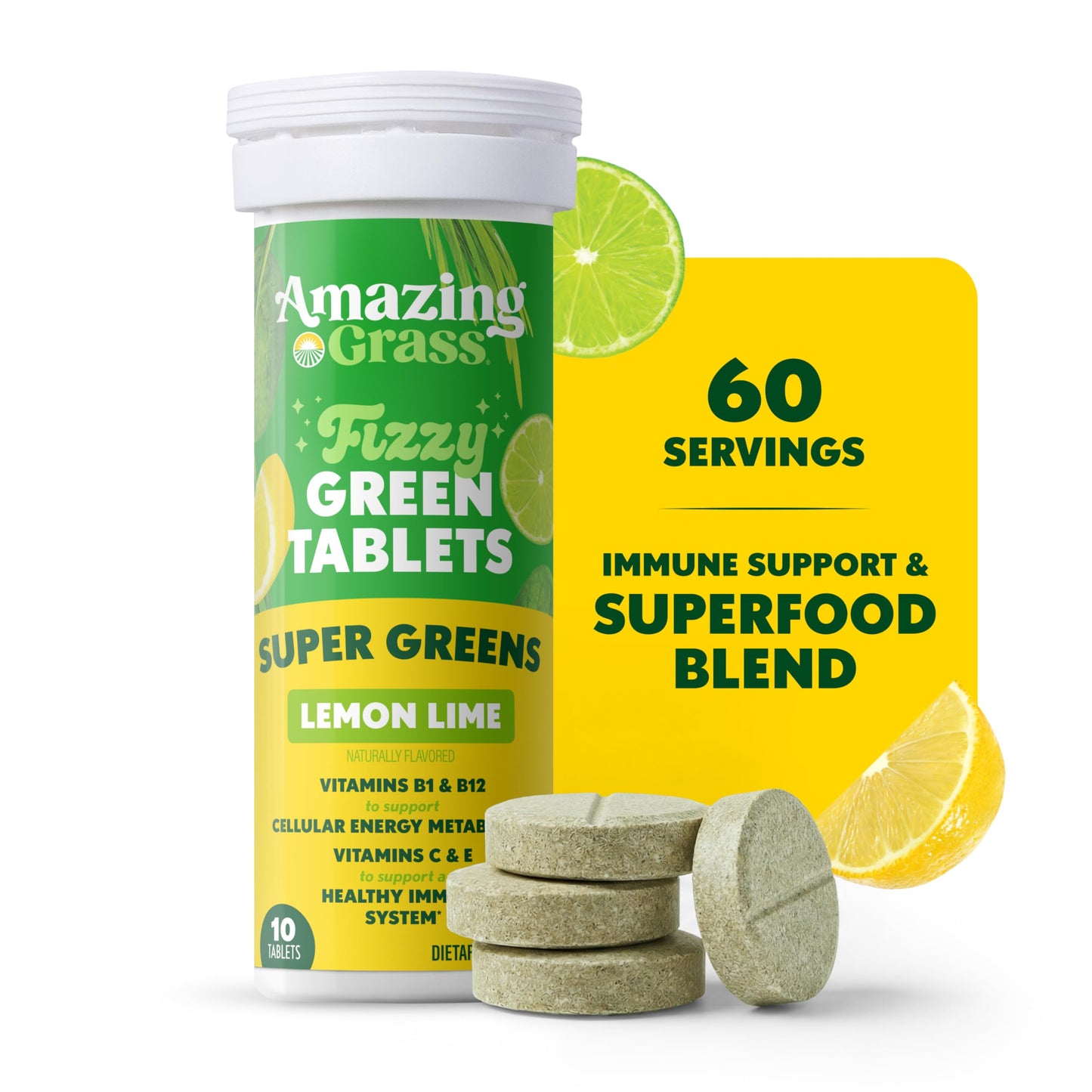 Amazing Grass Effervescent Tablets: Green Superfood Water Flavoring Tablet with Antioxidants & Alkalizing Greens, Lemon Lime, 60 Count Amazing Grass