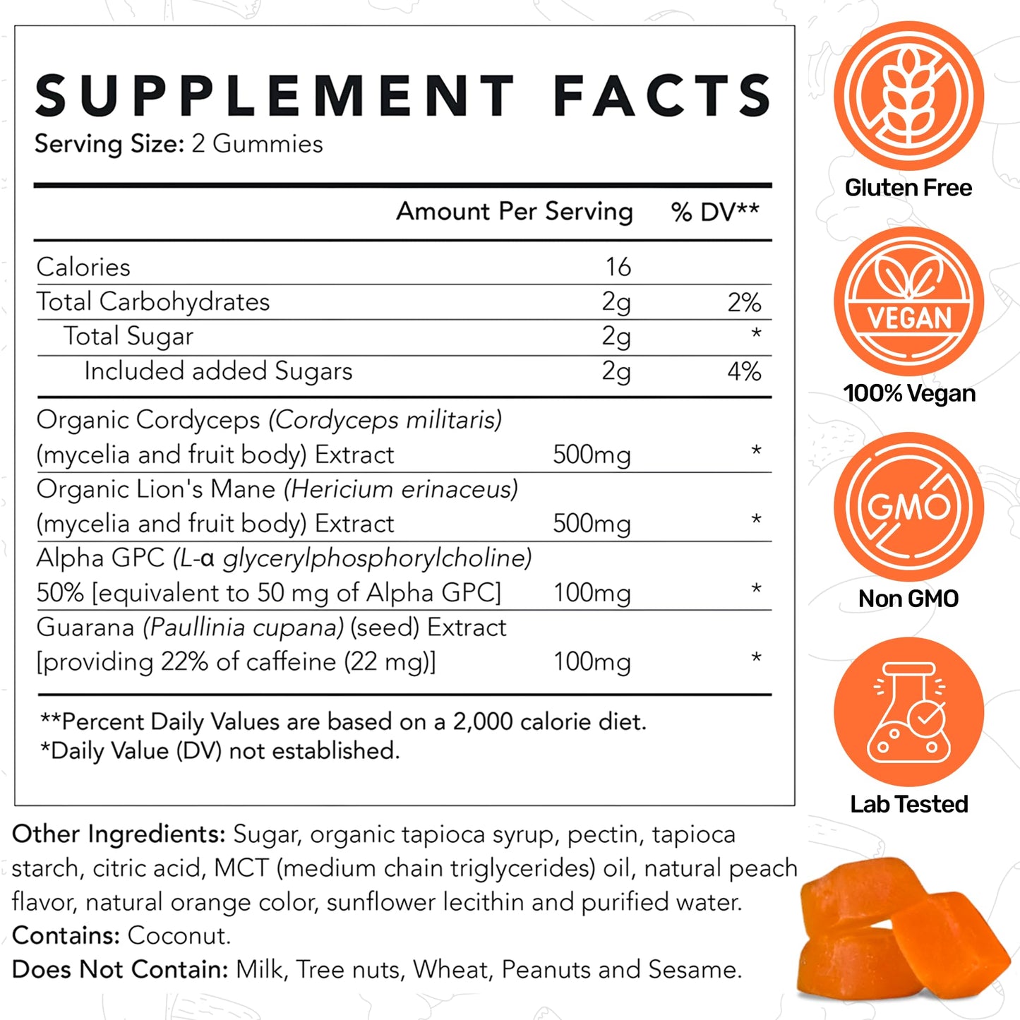 Life Cykel - AM Energy and Focus Mushroom Gummies, 10 Count - Organic Lion's Mane Gummies with Cordyceps, Guarana & Alpha GPC for Mental Clarity, Natural Energy, Endurance & Focus - Lemon Peach Flavor Life Cykel