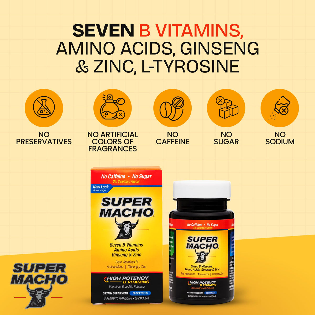 Super Macho, High Potency B Vitamins and Amino Acids, Fuel for Today's Active Men, No Caffeine, No Sugar, Dietary Supplement, Made in USA,50 Softgels Super Macho