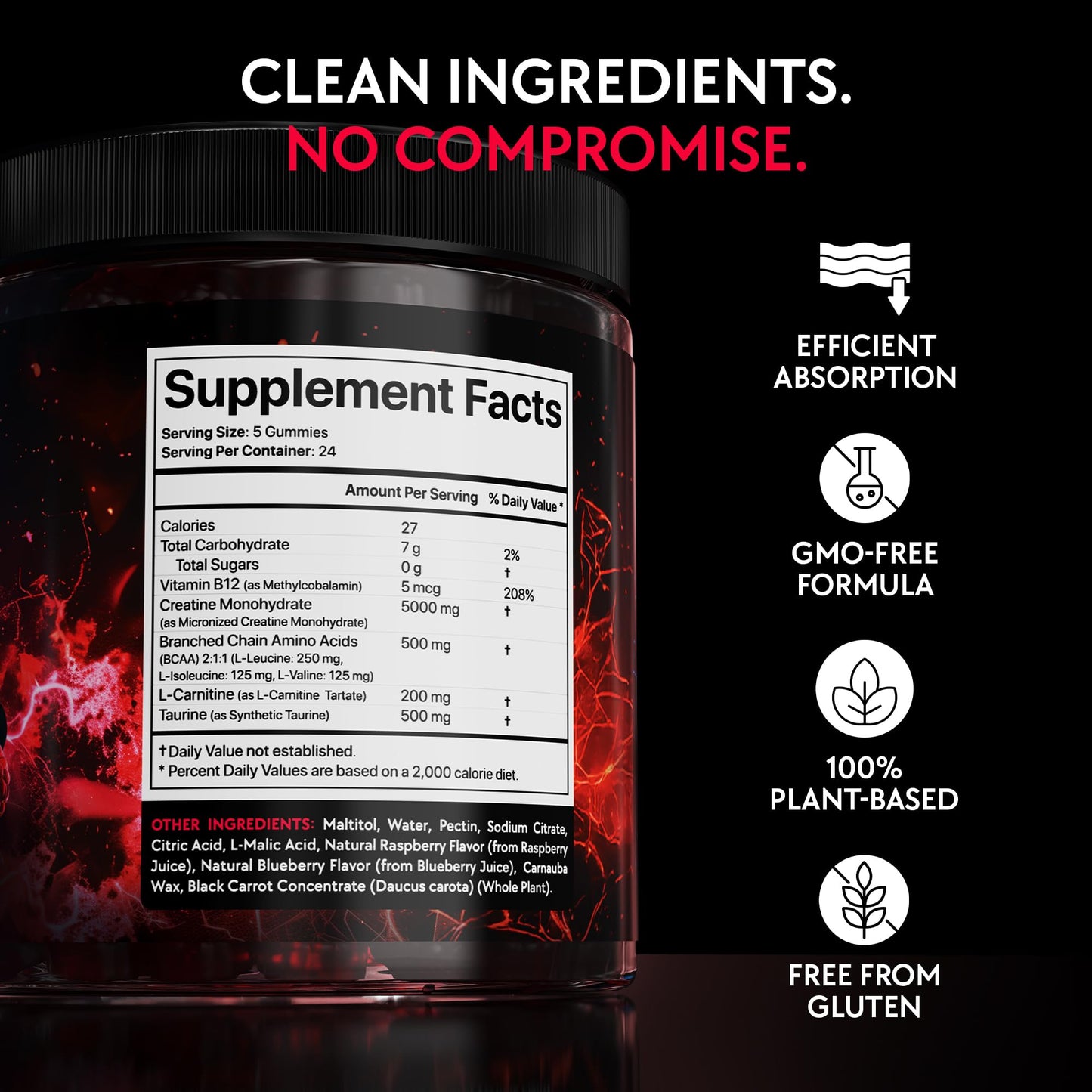 Creatine Monohydrate Gummies Complex 5000 MG for Men & Women, Preworkout Gummy with BCAA, L-Carnitine, Taurine & Vitamin B12 for Muscle Growth, Blumask Lab