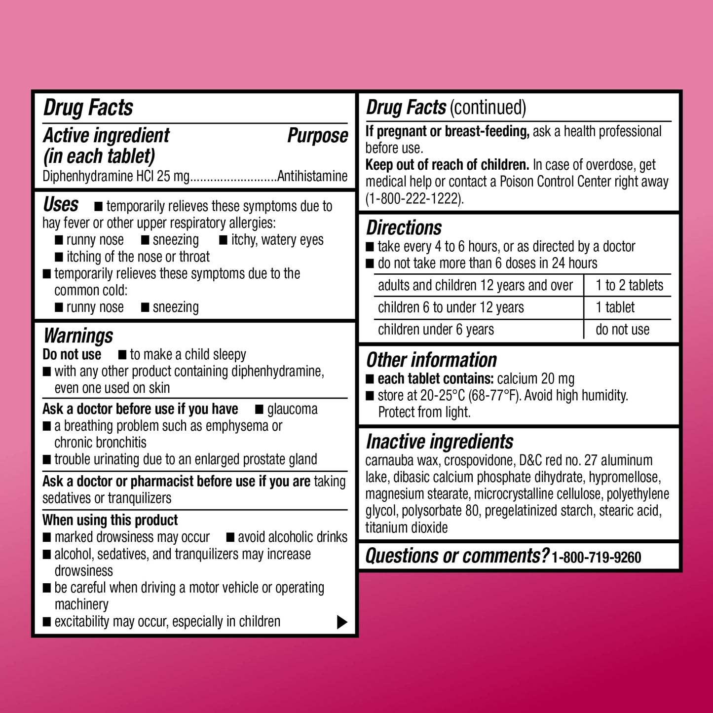 Amazon Basic Care Allergy Relief Diphenhydramine HCl 25 mg, Antihistamine Tablets for Symptoms Due to Hay Fever and Upper Respiratory Allergies, Mini-Tabs, 100 Count Amazon Basic Care