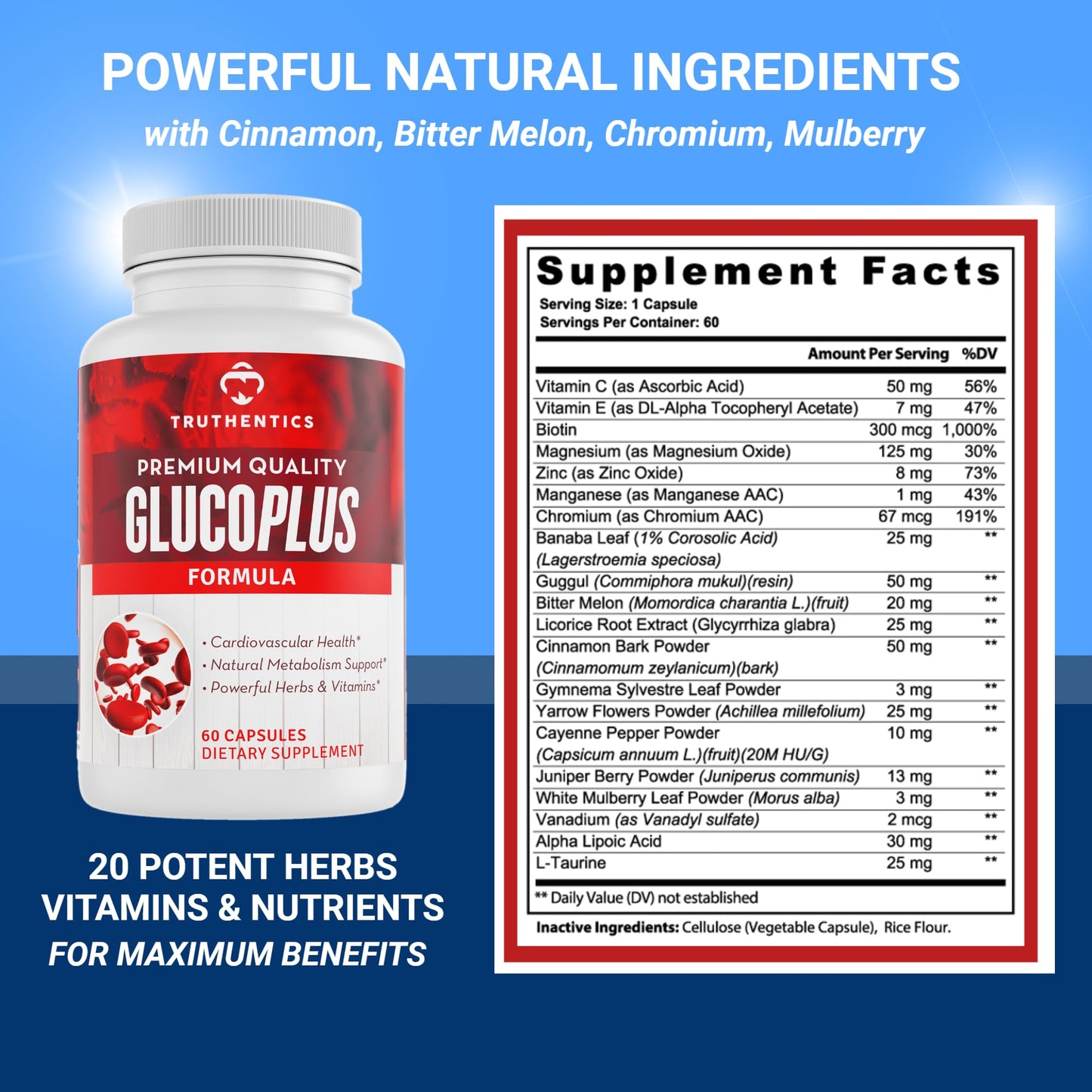 TRUTHENTICS GlucoPlus - 20 Herbs, Vitamins & Minerals with Cinnamon, Chromium, Vanadium, Bitter Melon, Alpha Lipoic Acid, Magnesium - Gluten Free, Non-GMO - 60 Capsules TRUTHENTICS