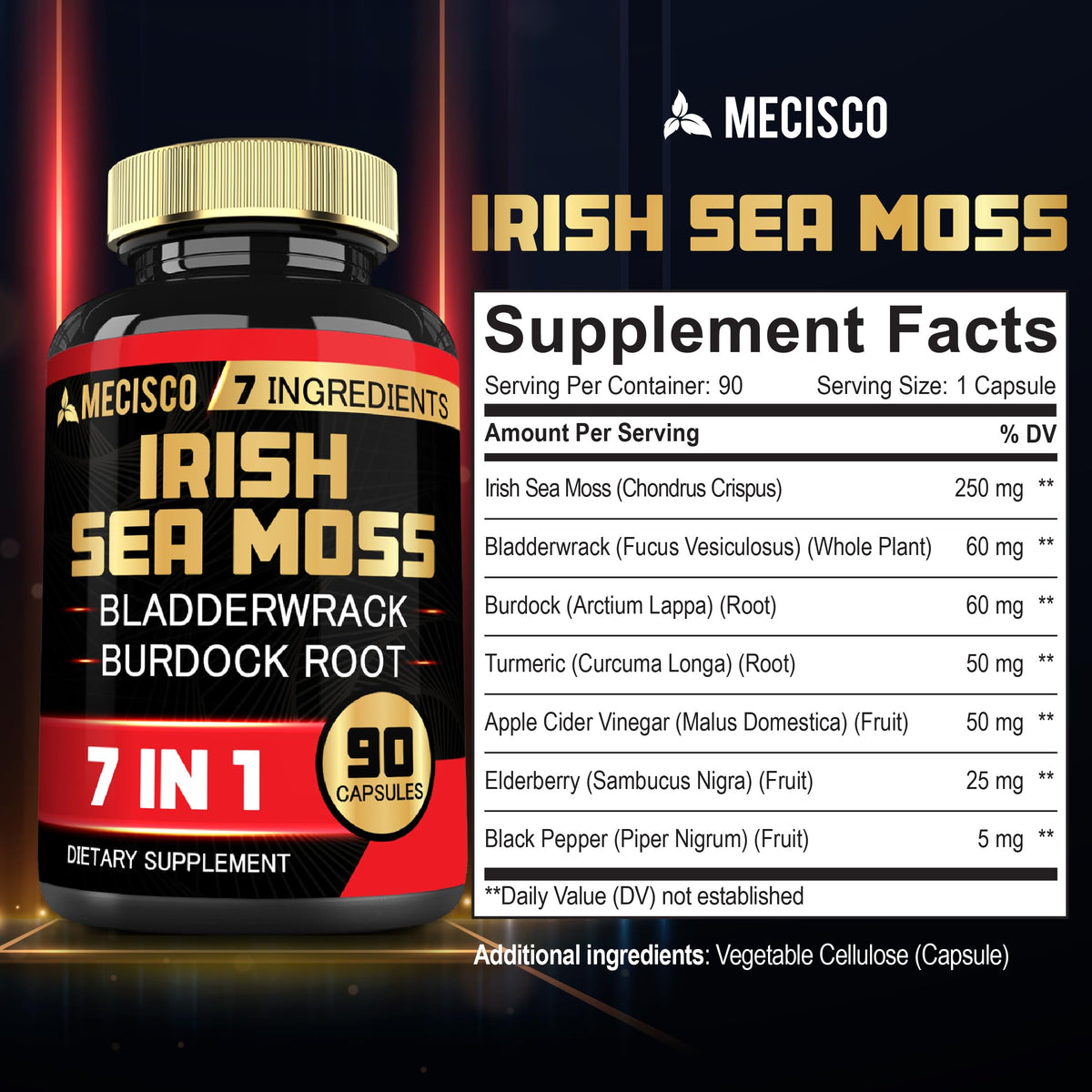 7in1 Irish Sea Moss Capsules 6750 Mg with Organic Bladderwrack & Burdock Root, Turmeric, Apple Cider Vinegar - Raw Seamos Pills for Hair, Skin, Thyroid Healths - 90 Caps for 3-Month Supply Mecisco