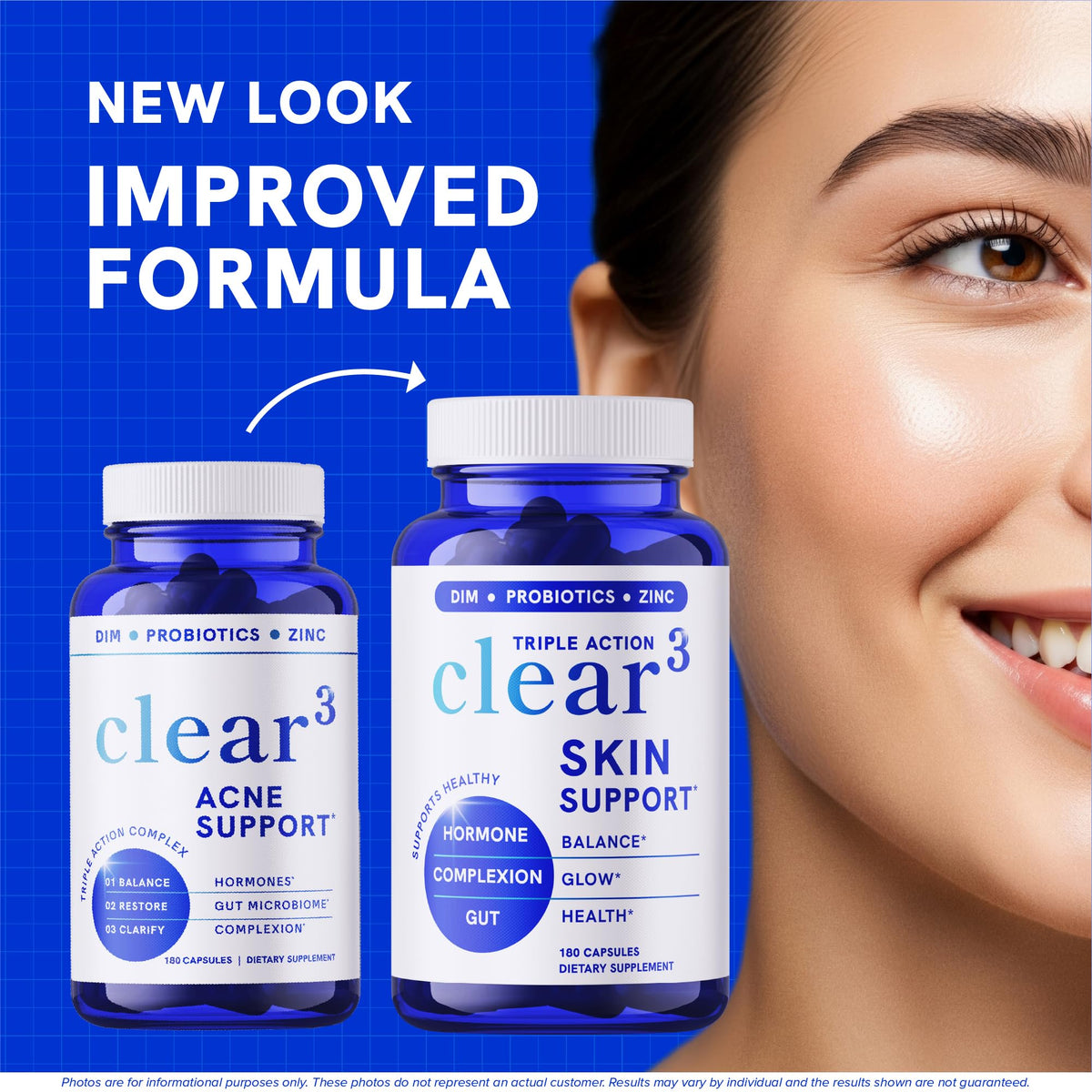 Clear Skin Supplement with Zinc, DIM & Probiotics | 3-in-1 Balance, Glow & Health Skin Support | Triple Action Hyaluronic Acid, Niaciminide & Vitamins for Hormone, Complexion & Gut Support | 180 Ct SMNutrition