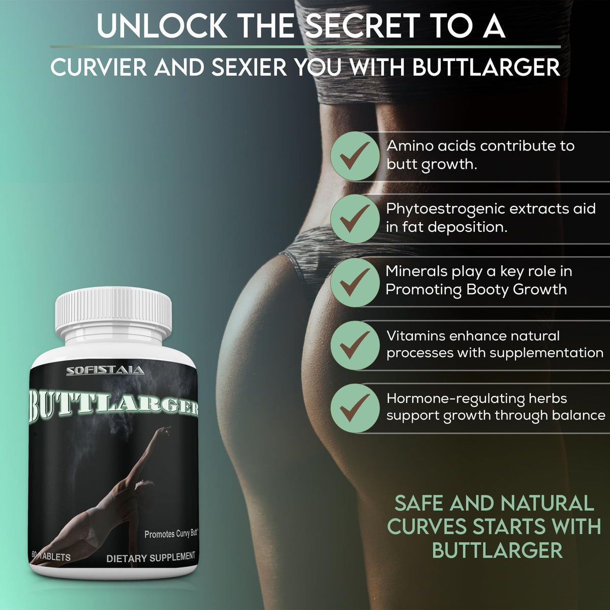 BEAUTIFYEM Sofistaia BUTTLARGER Natural Enhancement Supplement, 60 Tablets, Essential Nutrients for Curves and Confidence BEAUTIFYEM