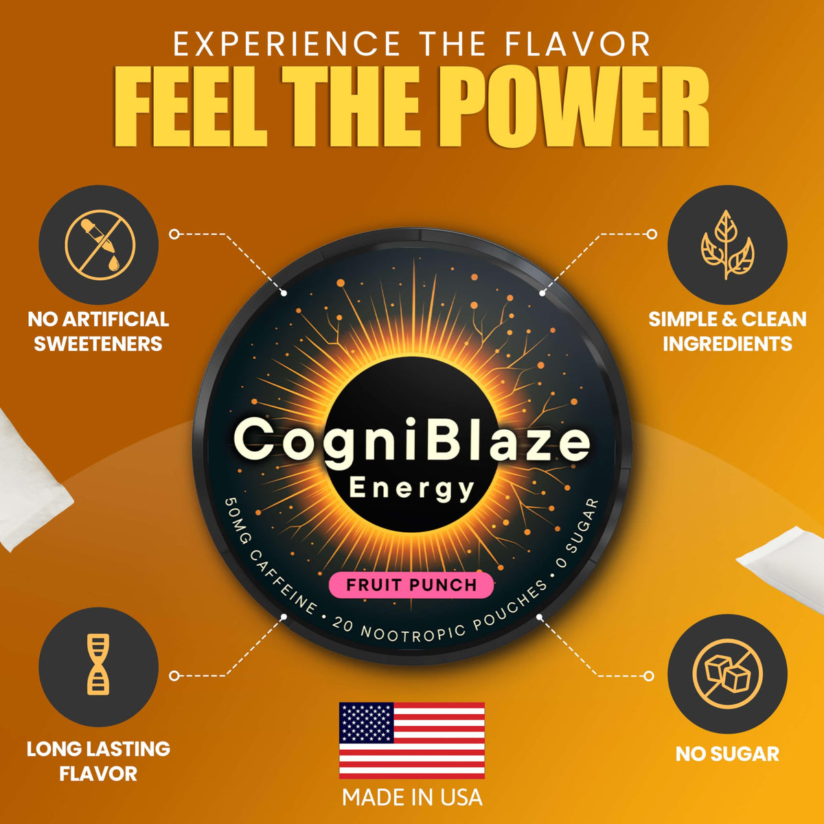 CogniBlaze Caffeine Pouches (Fruit Punch) | Nootropic Energy Pouches with 50mg Caffeine, Alpha GPC, L-Tyrosine & L-Theanine | Zero Sugar | No Artificial Sweeteners | 4 Pack (80 Total) CogniBlaze