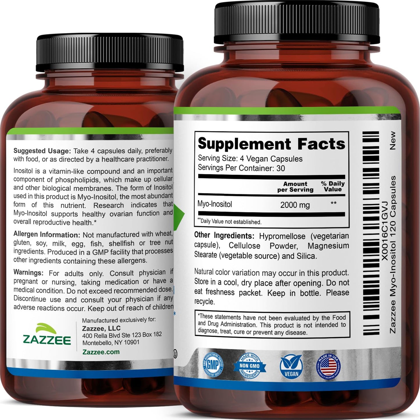 Zazzee Myo-Inositol Capsules, 2000 mg per Serving, 120 Vegan Capsules, Ideal Dosage for 40:1 Ratio, Certified Kosher, Hormone Balance & Healthy Ovarian Zazzee
