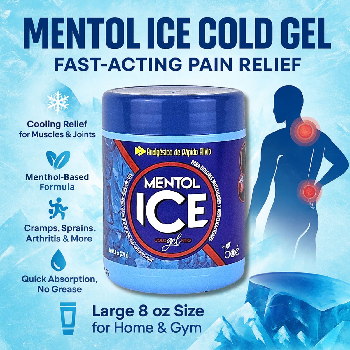 Mentol Ice Cold Gel – 8 oz Pain Relief Gel for Muscles & Joints – Fast-Acting Analgesic for Arthritis, Back Pain, Cramps, Sprains & Headaches – Non-Greasy & Quick Absorption BOÉ COSMETICS