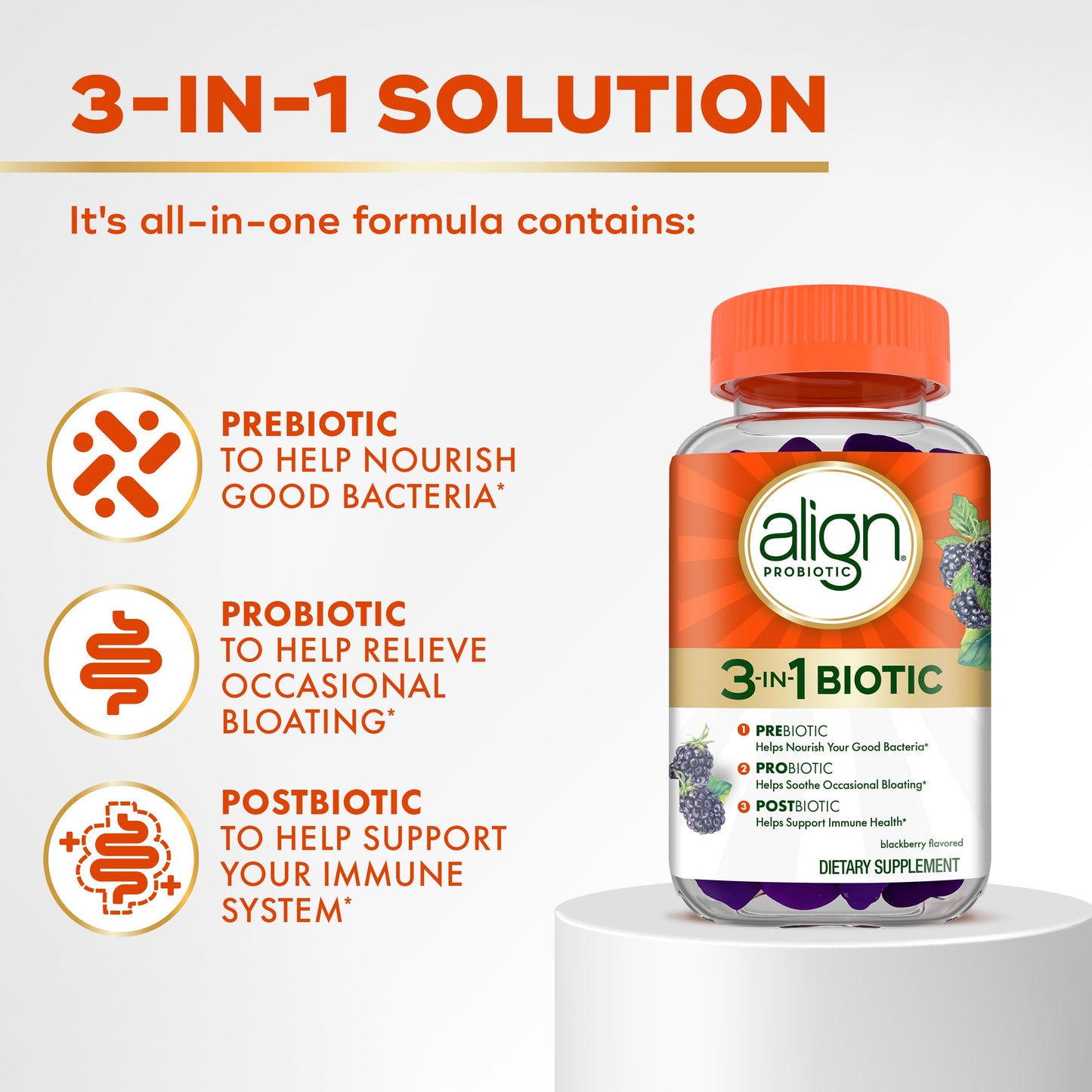 Align Probiotic, 3-in-1 Biotic Gummies, Prebiotic + Probiotic + Postbiotic, #1 Doctor Recommended Probiotic Brand‡, Helps Relieve Occasional Bloating Align