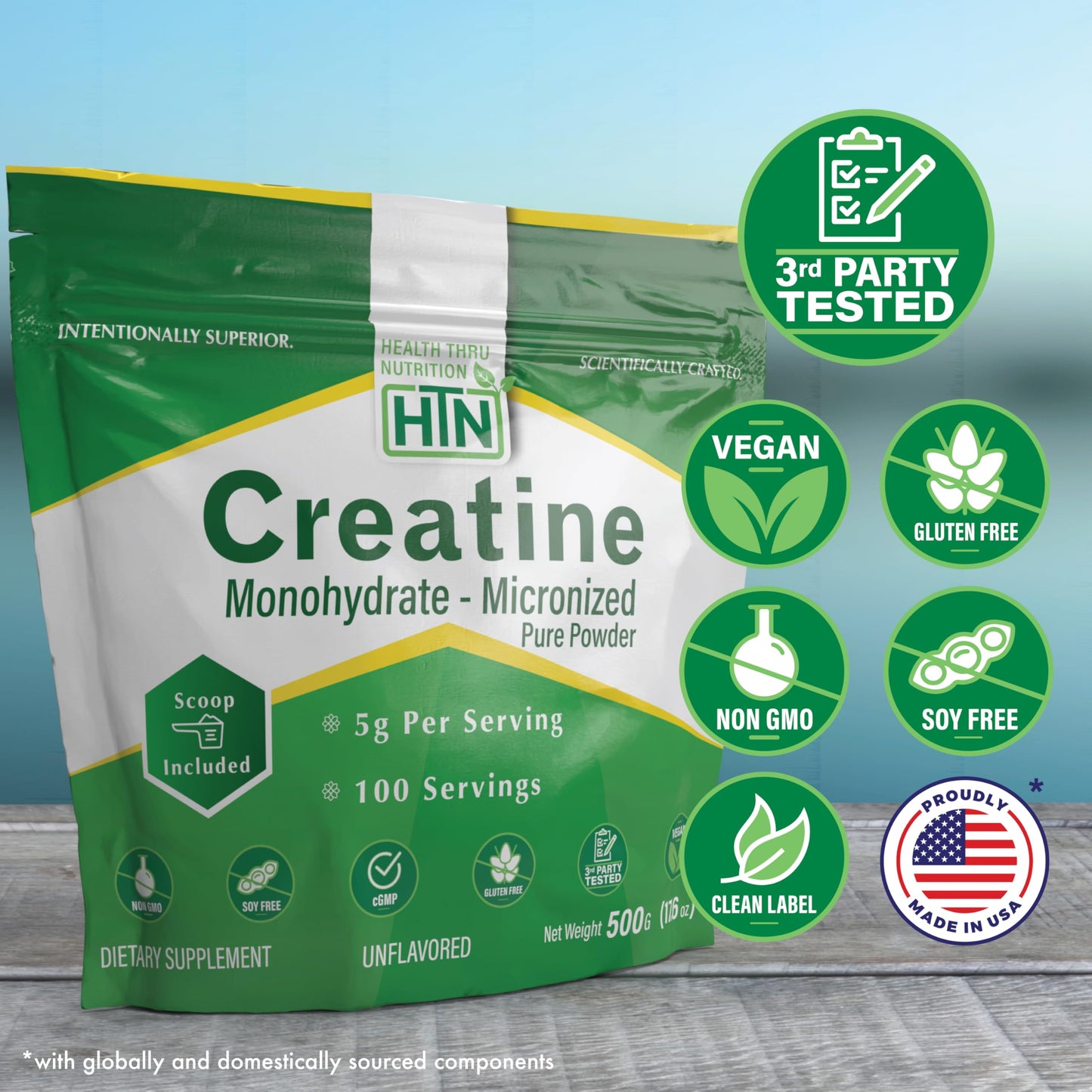 Health Thru Nutrition Creatine Monohydrate Micronized Powder – 500g Pure Unflavored – 5g Per Scoop – Workout Support, Muscle Fuel and Recovery Bulk Supplement | Non-GMO, Vegan Health Thru Nutrition