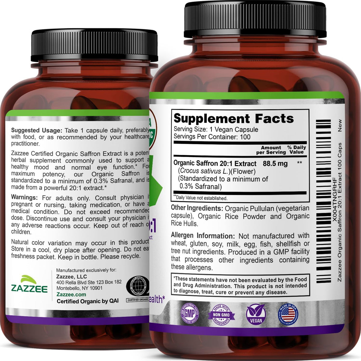 Zazzee USDA Organic Saffron 20:1 Extract, 88.5 mg, 0.3% Safranal, Vegan | 100 Capsules, 3+ Month Supply, Concentrated and Standardized 20X Extract, Non-GMO, All-Natural, Made in the USA Gsupps Australia