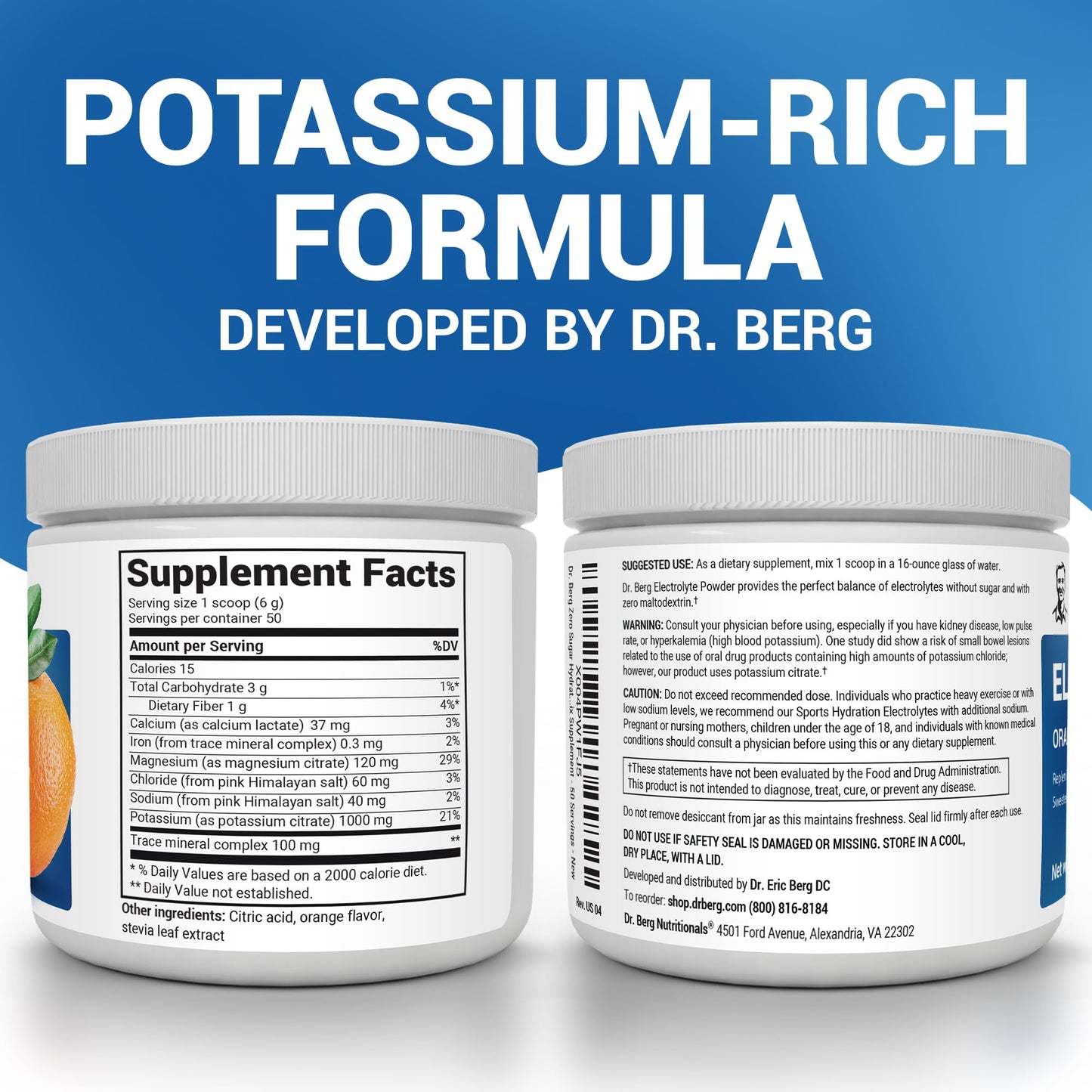 Dr. Berg Zero Sugar Hydration Keto Electrolyte Powder - Enhanced w/ 1000 mg of Potassium & Real Pink Himalayan Salt (NOT Table Salt) - Orange Flavor Hydration Drink Mix Supplement - 50 Servings Dr. Berg Nutritionals