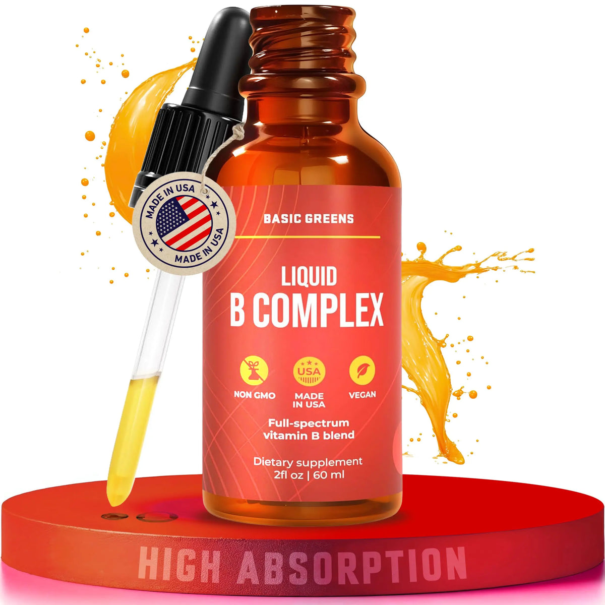 BASIC GREENS Vitamin B Complex Liquid Drops - Strength Sublingual Formula, Maximizes Absorption & Boosts Energy - B1, B2, B3, B5, B6, B7, B9, B12 - Natural Vegan Supplement BASIC GREENS