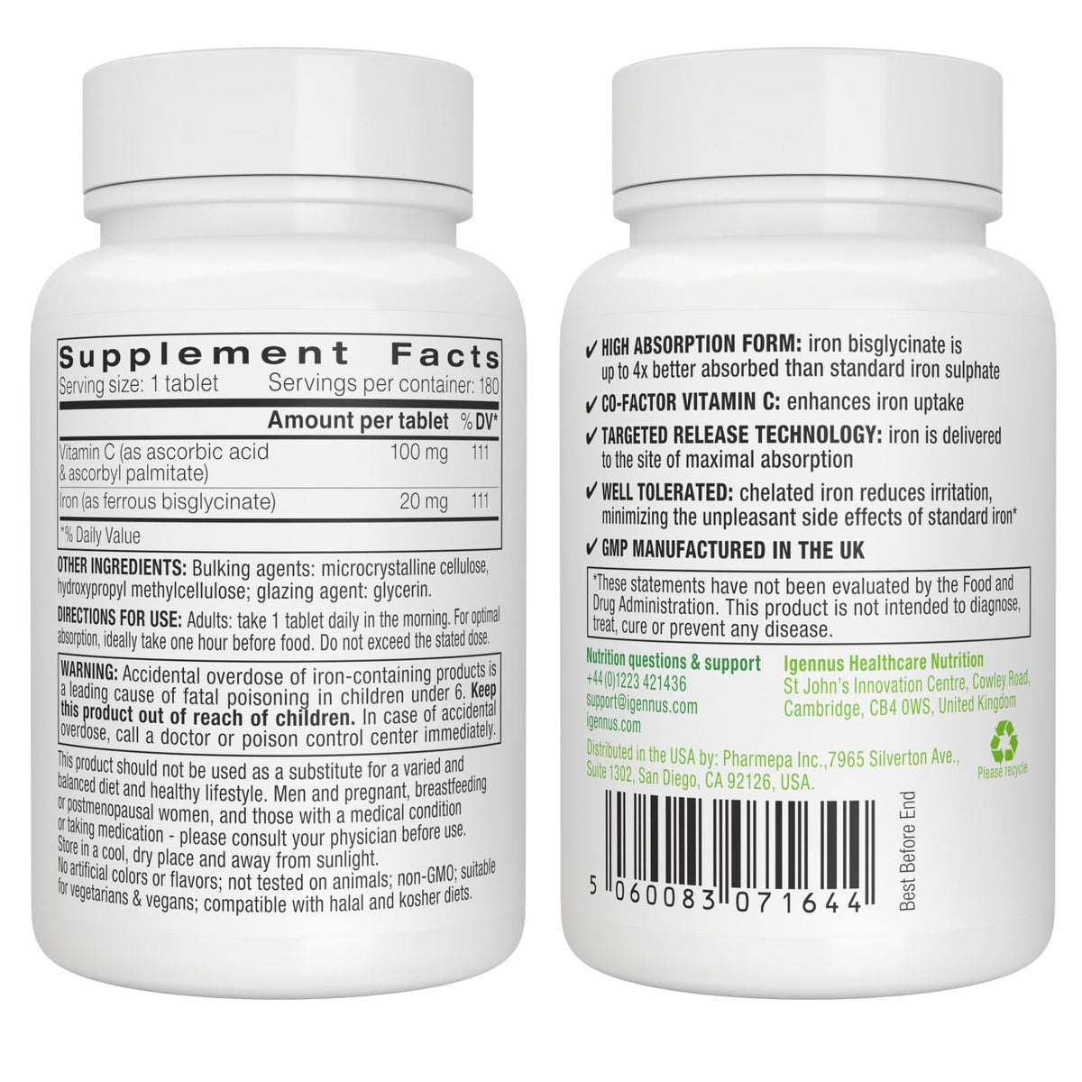 Igennus Clean Iron Bisglycinate 20mg, Vitamin C, 6 Month Supply, Gentle Chelated High Absorption Formula & Targeted Release Ferrous Bisglycinate Igennus Healthcare Nutrition