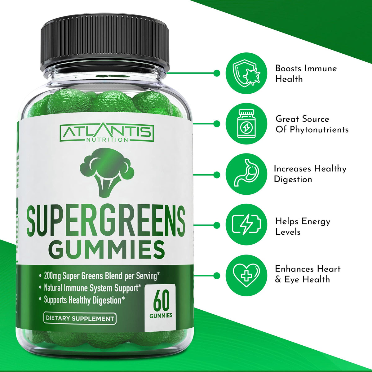 Atlantis Nutrition Supergreens Gummies - Daily Green Superfoods Supplement with Spinach, Broccoli, Moringa, Beet Root, Celery, Green Tea, & Acai for Immunity Support - Natural Raspberry Flavor, 60 cnt Atlantis Nutrition
