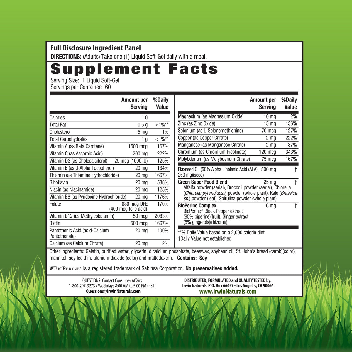 Irwin Naturals Only One Liquid-Gel Multi - 60 Liquid Softgels - No Iron Daily Essential Vitamins, Minerals, Antioxidants, Omega-3 & Green Super Foods Irwin Naturals