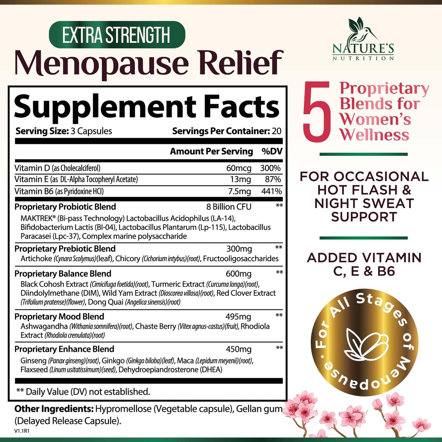 Menopause Supplement for Women - Natural Menopause Relief Support for Mild Hot Flashes & Night Sweats - Best Probiotics for Women, Dong Quai, Black Cohosh, Ashwagandha - Bottled in USA - 60 Capsules Nature's Nutrition
