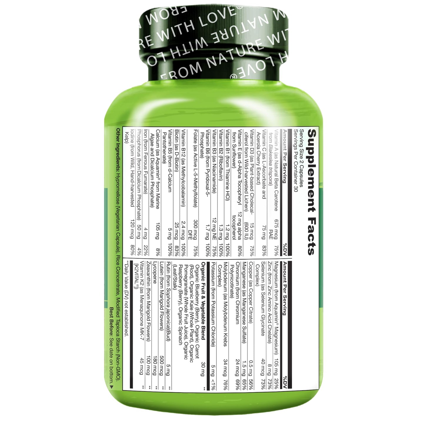 NATURELO Multivitamins for Teenage Girls/Boys, 60 Capsules, Whole Food Multivitamin with Minerals, Non-GMO, Vegetarian NATURELO