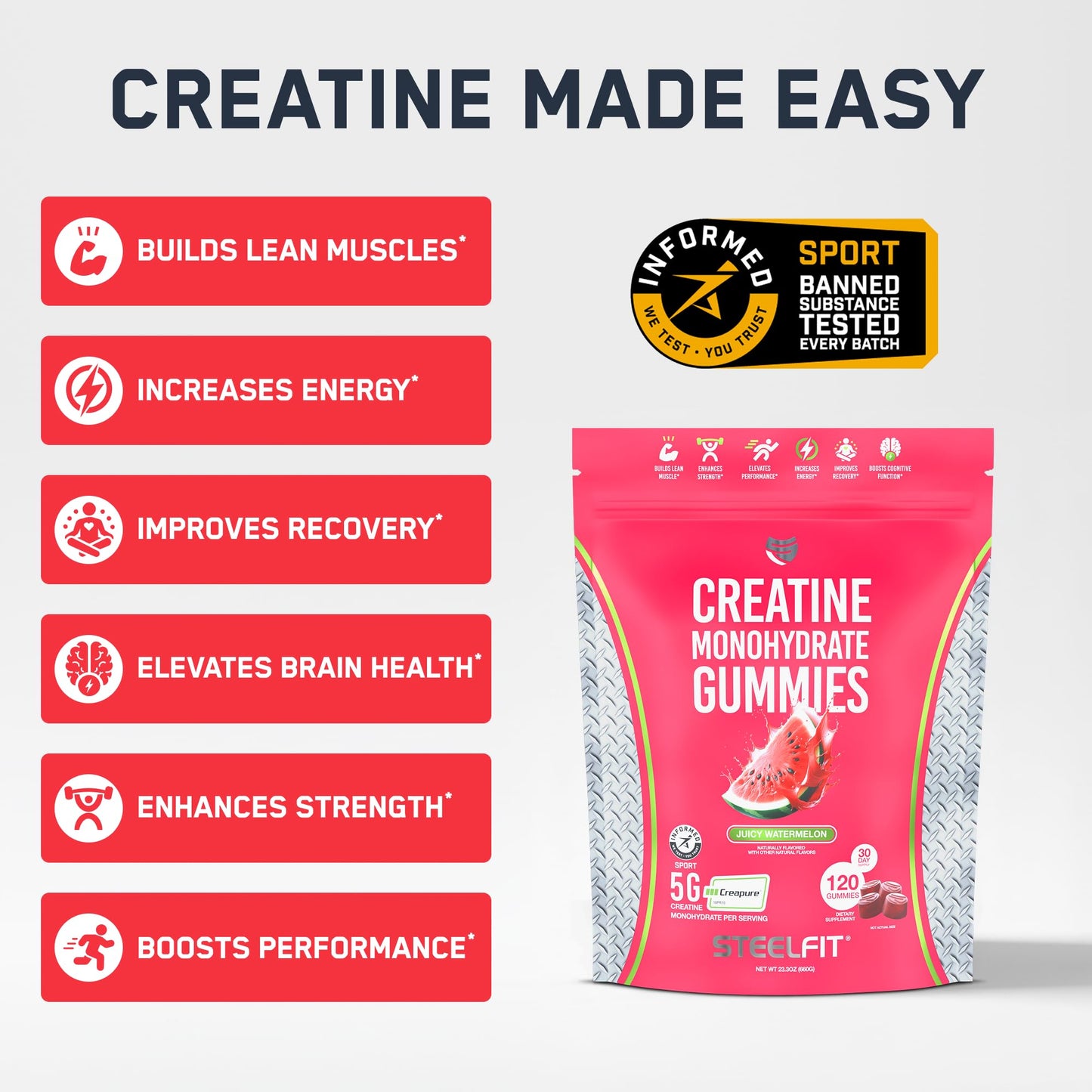 SteelFit Creapure Creatine Monohydrate Gummies for Men & Women, Juicy Watermelon - Gym Workout Nutritional Supplements for Muscle Gain, Brain Health & Strength Building Dietary Supplement, 120 Gummies SteelFit
