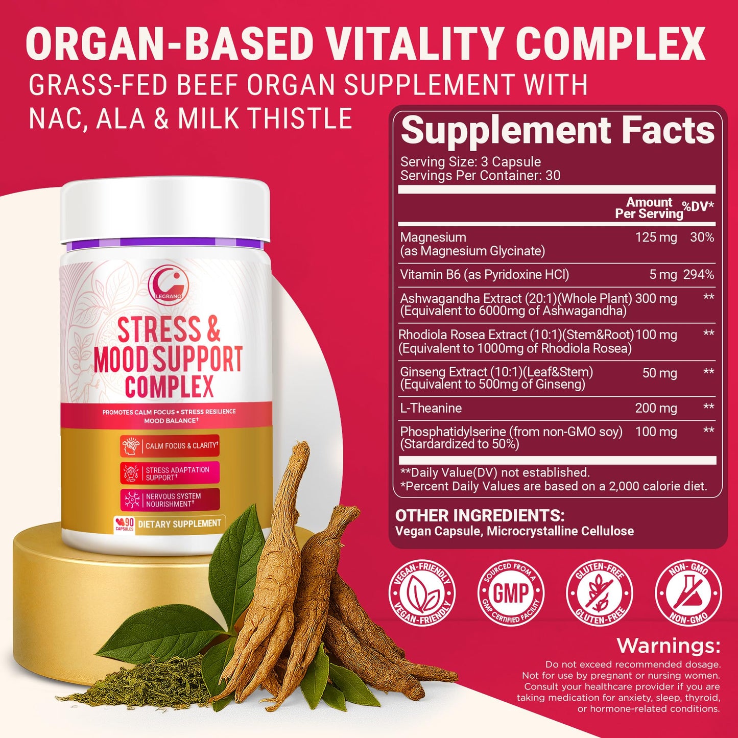 LEGRANO Cortisol Manager Supplements for Women & Men with Ashwagandha, L-Theanine, Magnesium Glycinate, Rhodiola, Ginseng – Cortisol Reducer & Adrenal Support – 90 Capsules – Calm, Focus, Balance LEGRANO