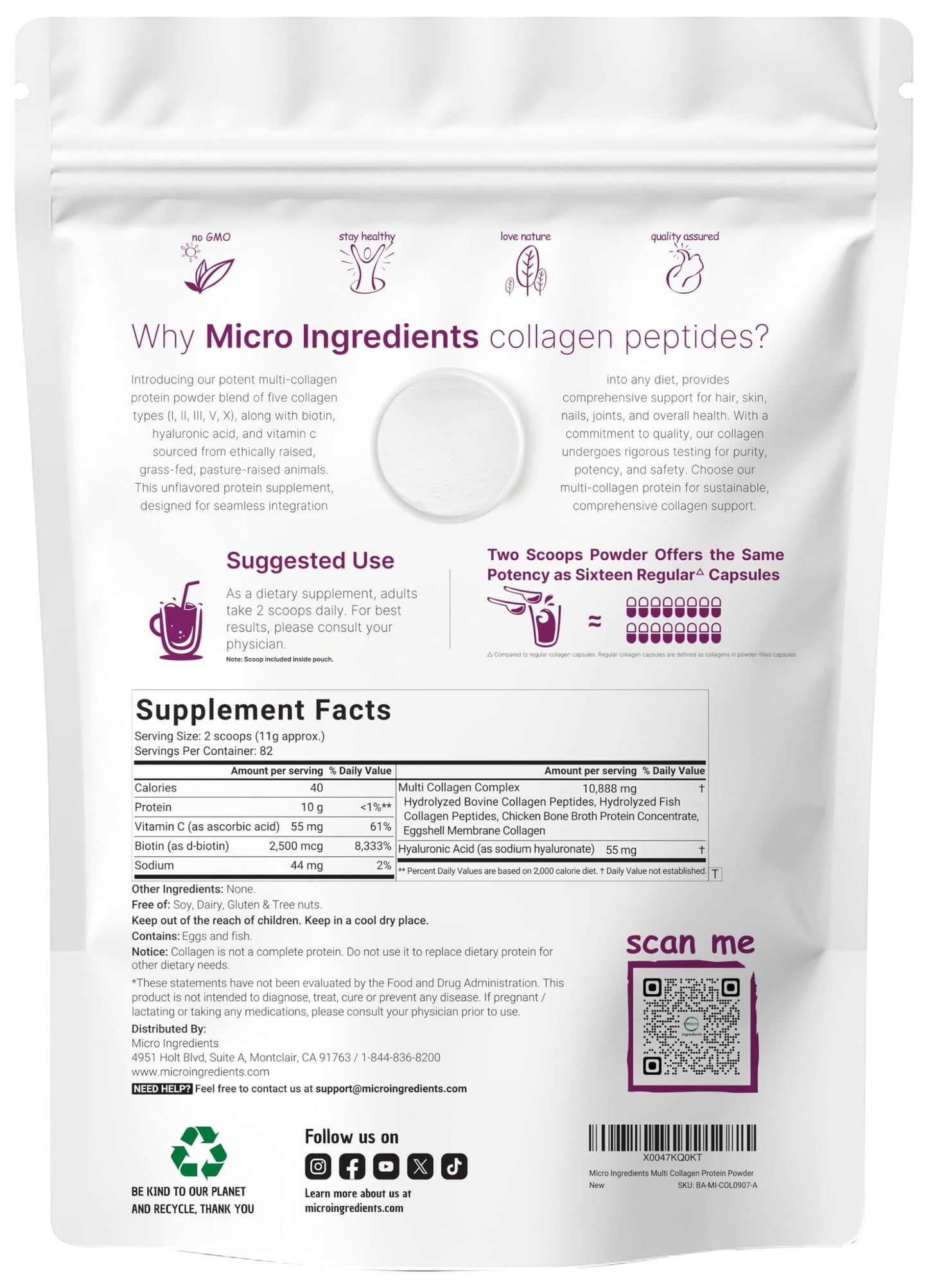 Micro Ingredients Multi Collagen Peptides Powder, 2lb – Hydrolyzed Type I,II,III,V,X with Biotin, Hyaluronic Acid, Vitamin C – Unflavored Collagen for Women & Men Micro Ingredients
