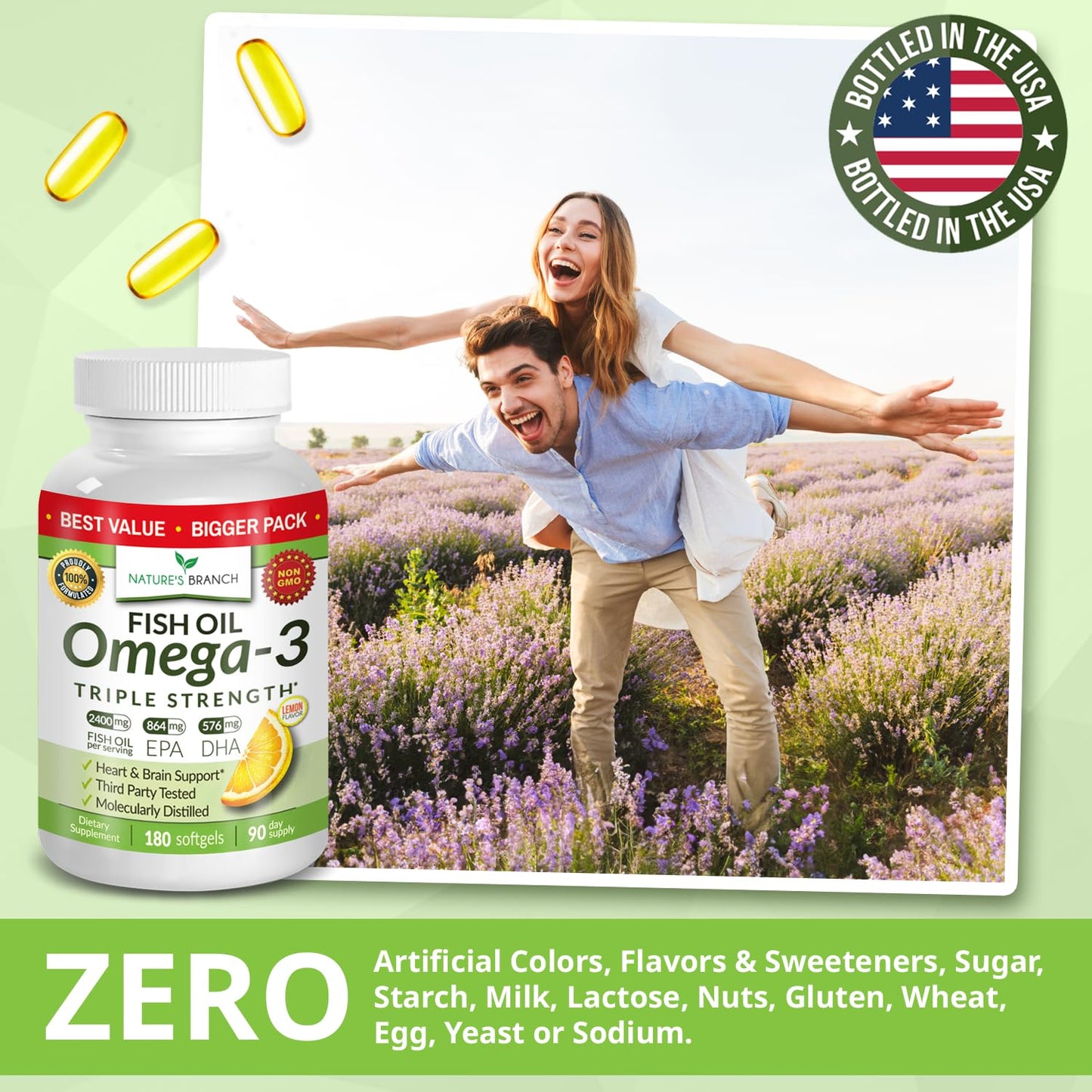 Triple Strength Omega 3 Fish Oil Supplements 2400mg | 180 Capsules, Burpless High Potency Lemon Flavor, High EPA DHA for Men & Women Ultra Pure Softgels NATURE'S BRANCH