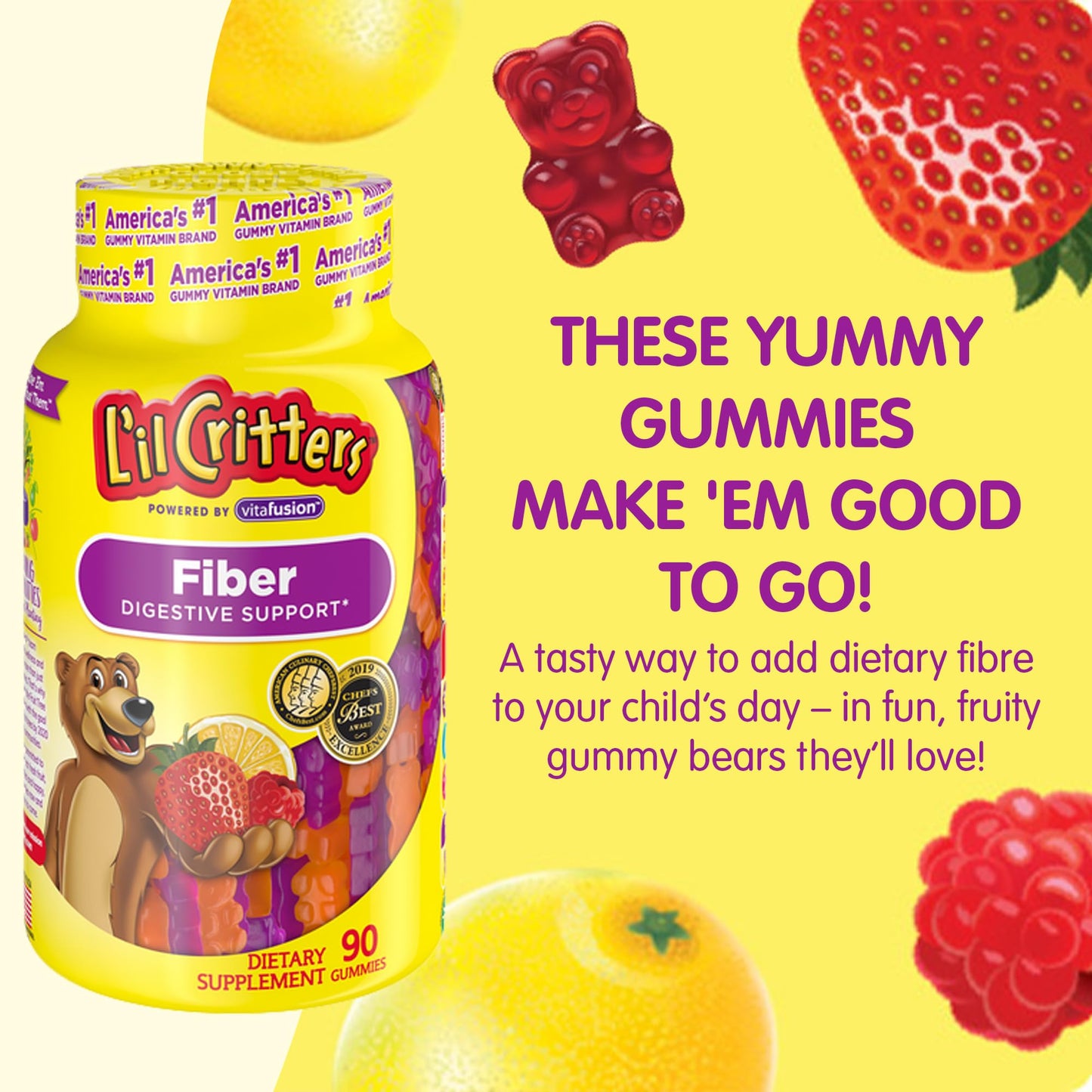 L’il Critters Fiber Daily Gummy Supplement for Kids, for Digestive Support, Berry and Lemon Flavors, 90 Gummies Lil Critters
