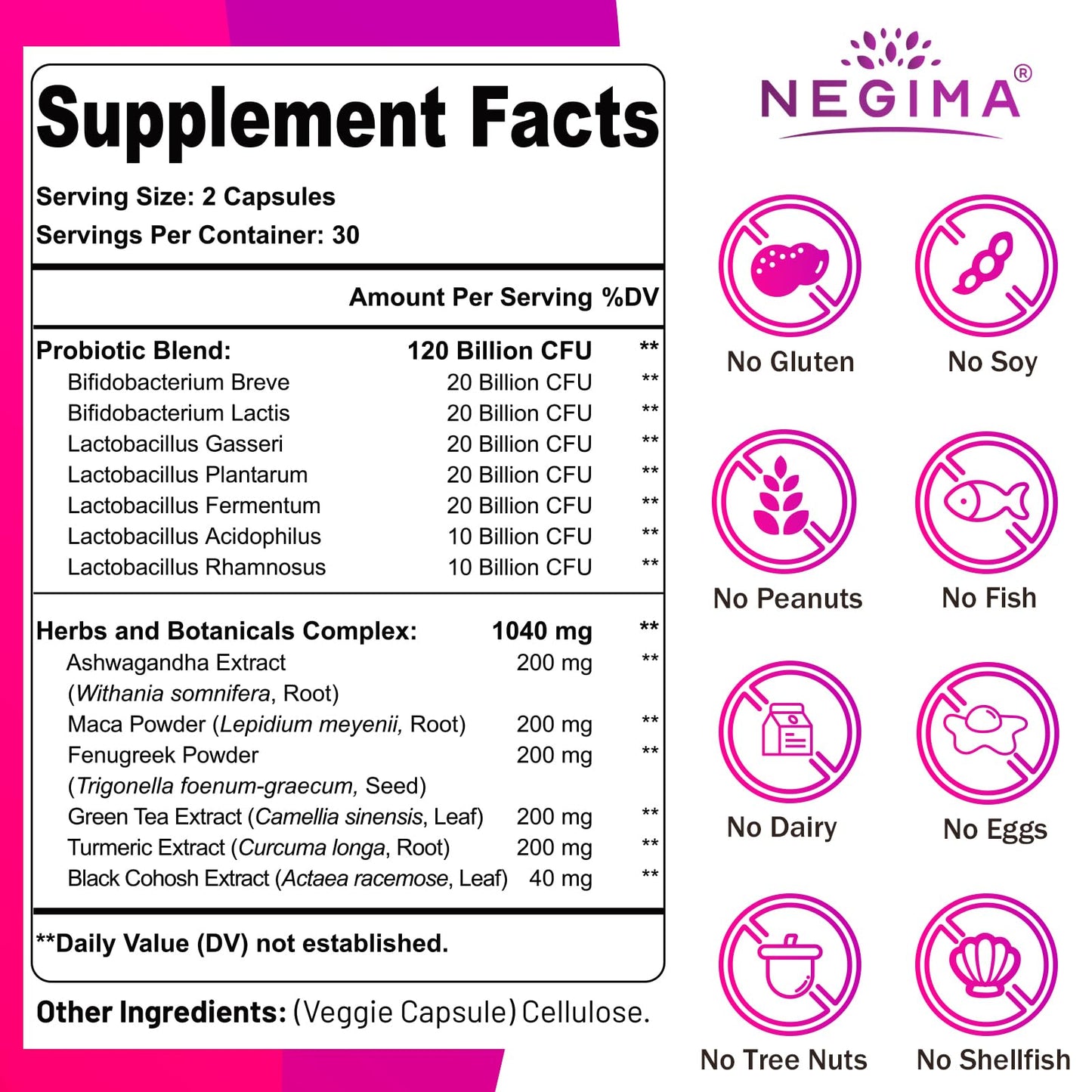 Negima Menopause Supplements for Women, 120 Billion CFUs Probiotics for Women, 13-in-1 Herbs & Botanicals Complex, for Menopause - 60 Caps Negima