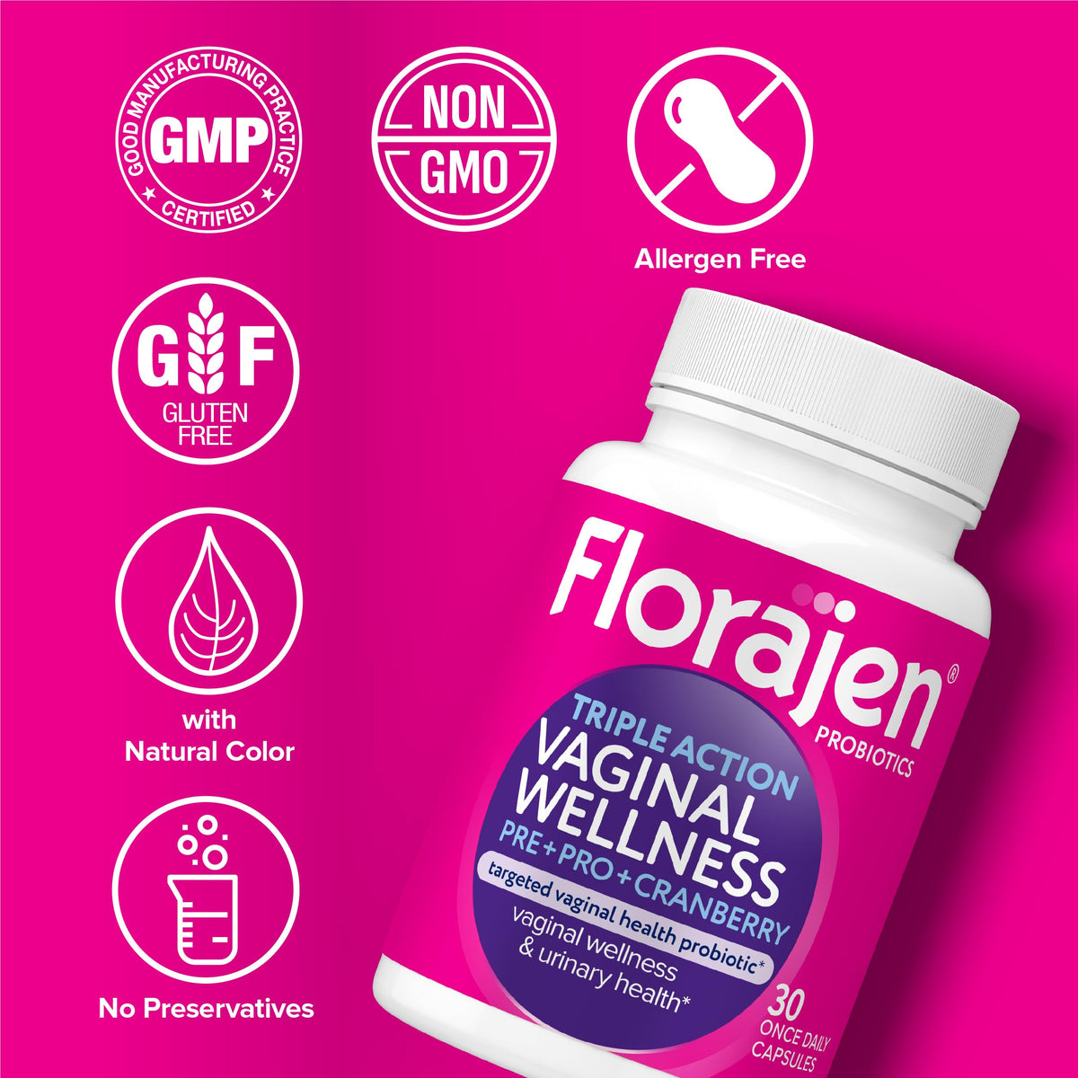 Florajen Women’s Triple-Action Probiotic, Prebiotic + Probiotic + Cranberry for Vaginal, Digestive, & Immune Support - Fast-Acting - Florajen