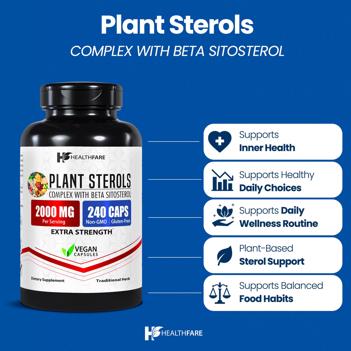 Healthfare Plant Sterols Capsules 2000mg | 240 Vegan Capsules | Beta Sitosterol & Phytosterol Complex | Plant-Based Supplement | Non-GMO & Gluten-Free | Made in the USA Healthfare