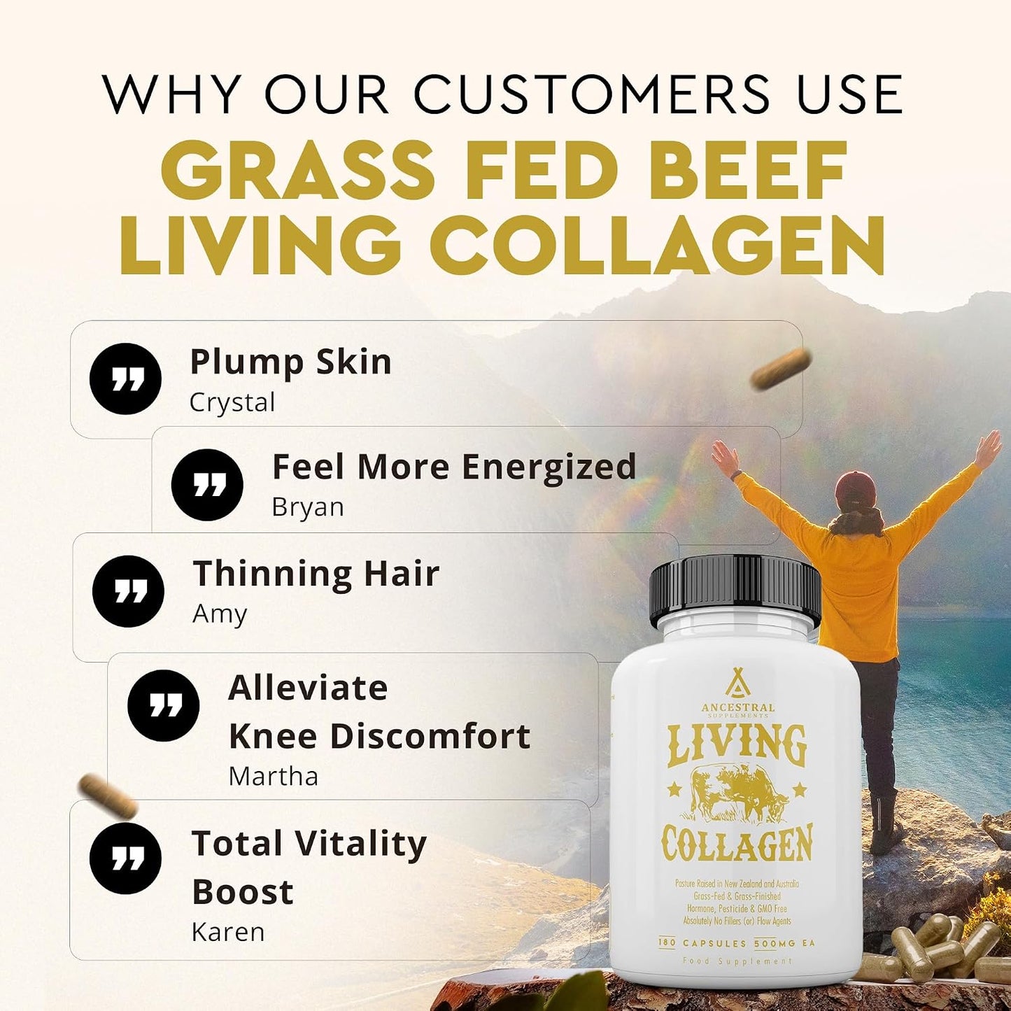 Ancestral Supplements Grass Fed Beef Living Collagen Nutritional Powder Supplement, 3000mg, Promotes Healthier, Younger Looking Skin, Hair, Nails and Joints, Type II, 180 Capsules Gsupps Australia