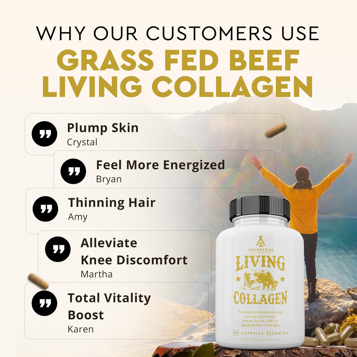 Ancestral Supplements Grass Fed Beef Living Collagen Nutritional Powder Supplement, 3000mg, Promotes Healthier, Younger Looking Skin, Hair Ancestral Supplements