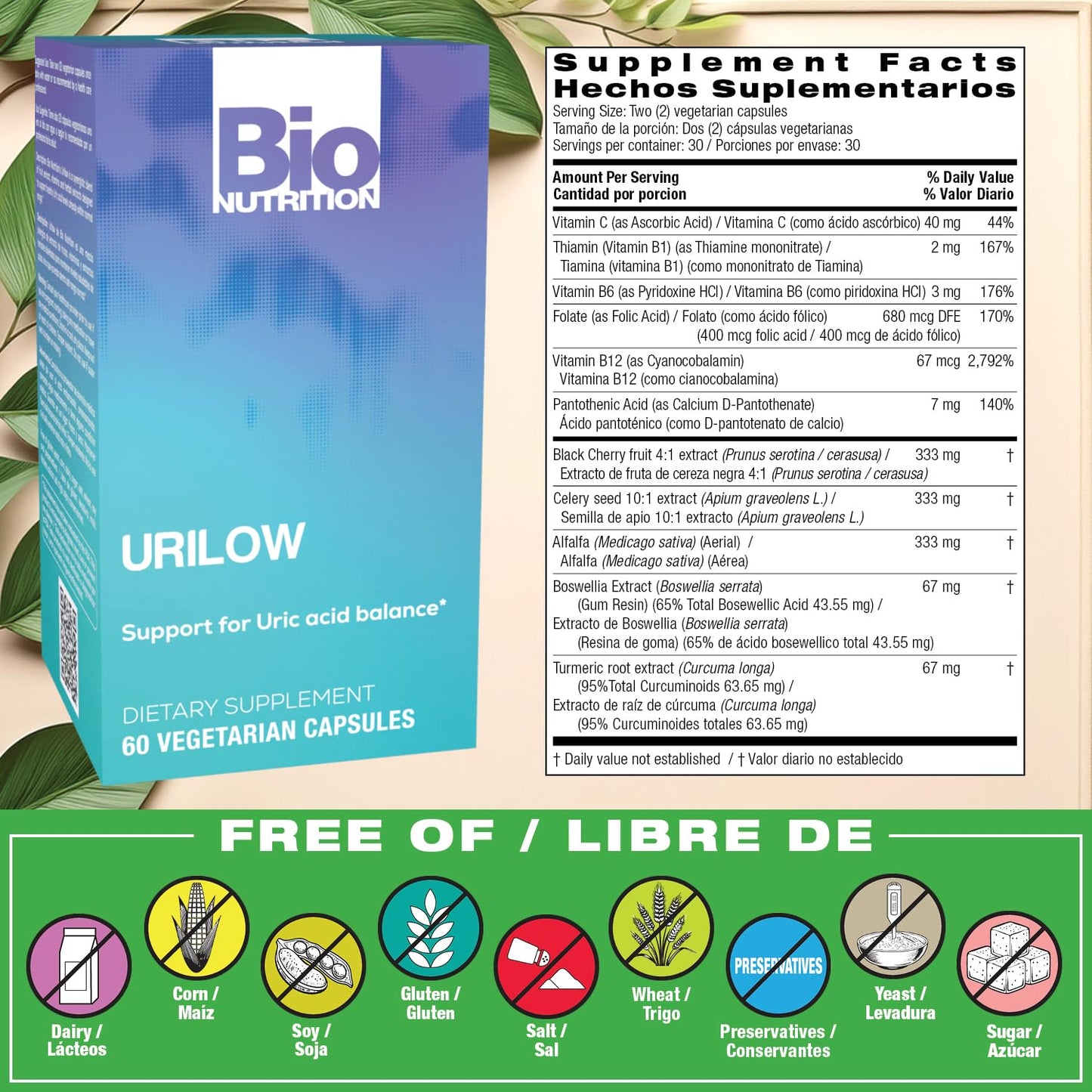 Bio Nutrition 2 Pack Urilow 60 Vegetarian Capsules | Natural Support for Urinary Health | Promotes a Healthy Uric Acid Balance Bio Nutrition