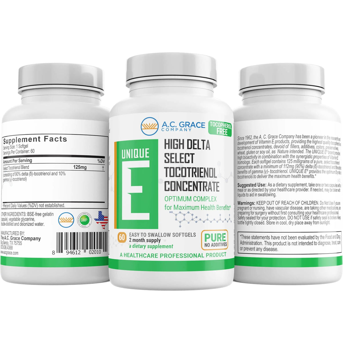 A.C. Grace Company, Unique E Tocotrienols - Tocopherol Free Softgels, 60 Count UNIQUE E