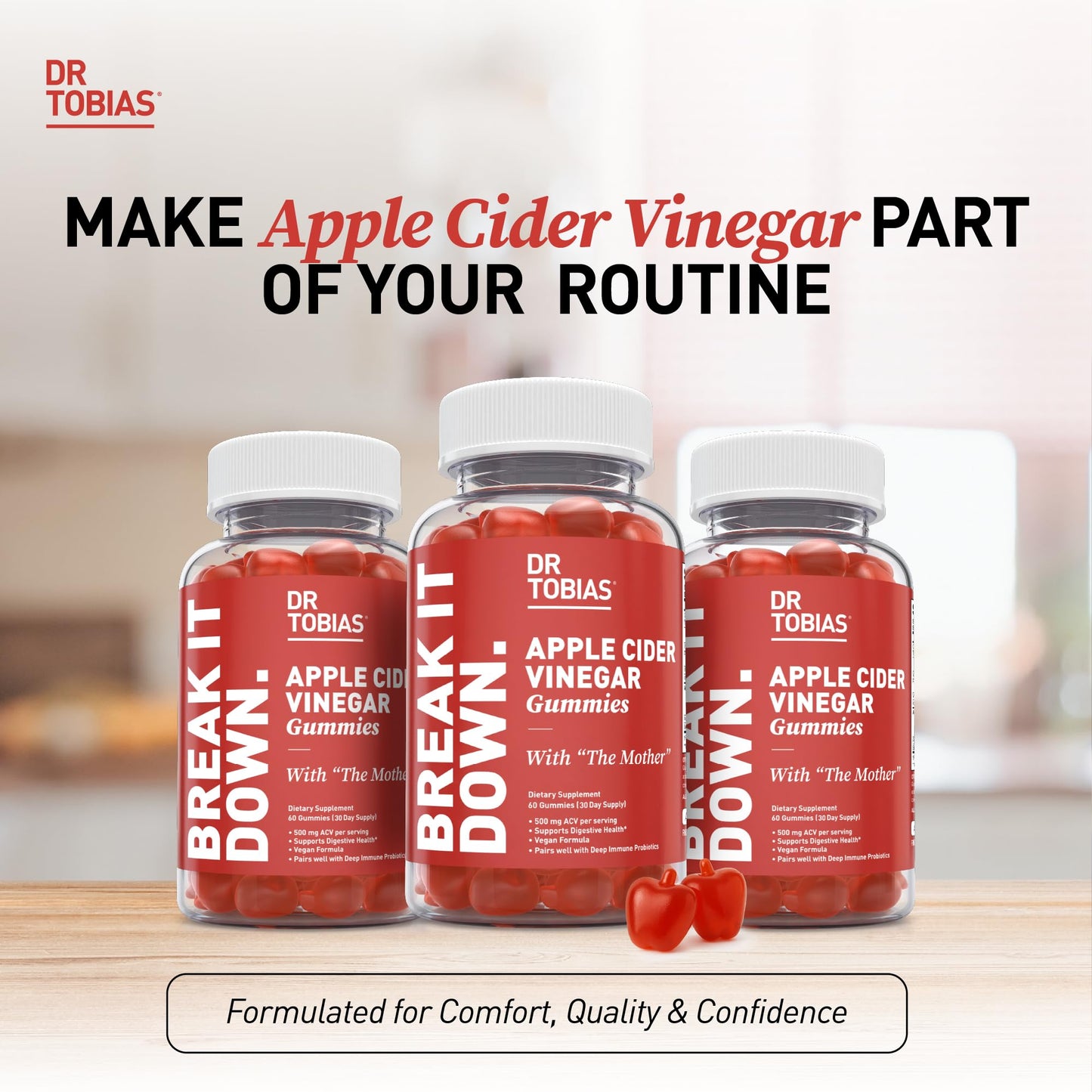 Dr. Tobias Apple Cider Vinegar Gummies with The Mother - 500mg ACV Per Serving, Plus Folate, B6, B12 & Iodine | Supports Digestive Health Gut Cleanse & Detox - Vegan (60 Gummies) Gsupps Australia