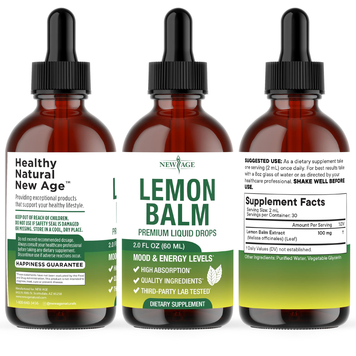 NEW AGE Lemon Balm Tincture - Mood Support Supplement - Lemon Balm Leaf Extract Drops - Vegan, Sugar & Alcohol-Free Calming Supplement - 4 fl oz NEW AGE