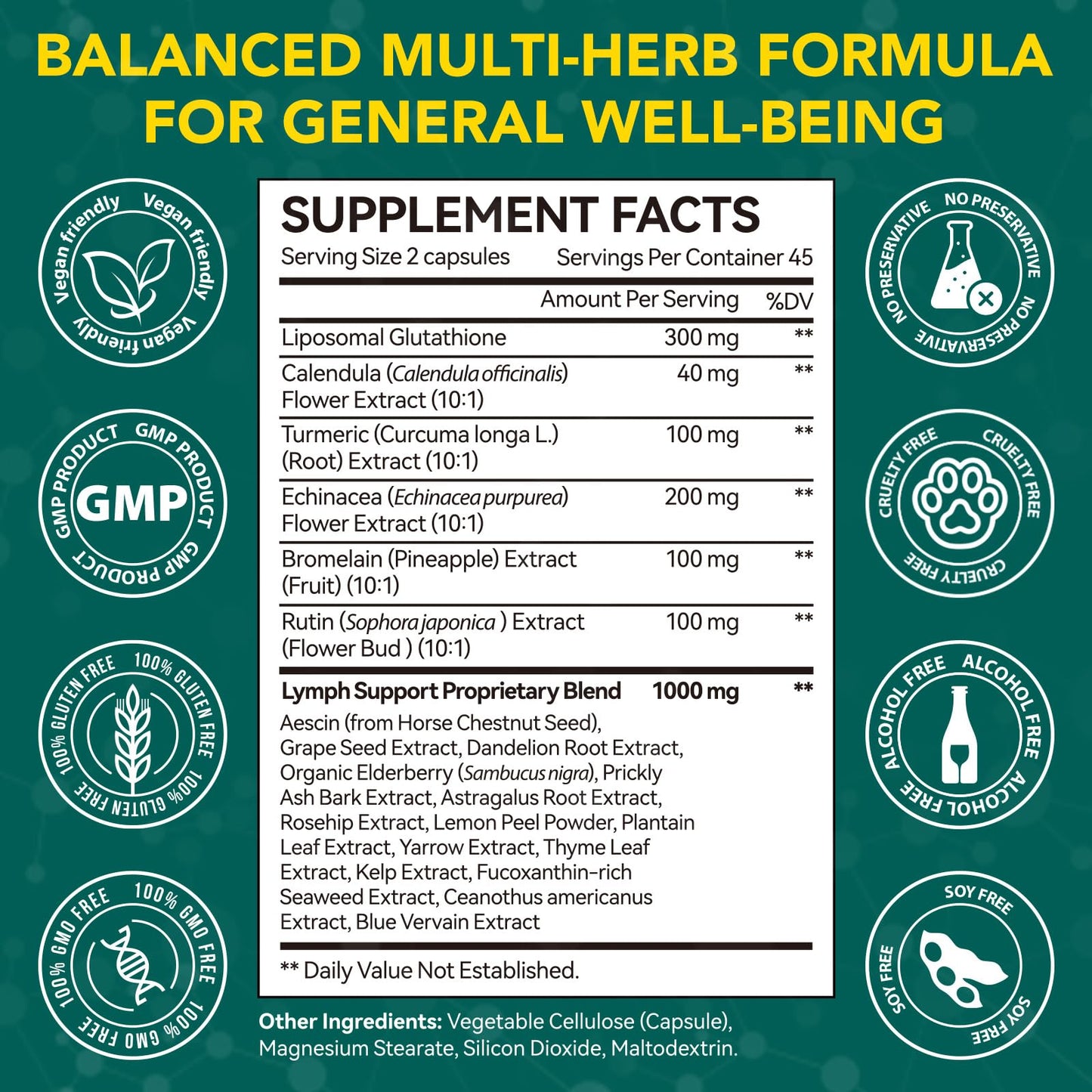 Lymphatic Drainage Supplements, Lymphatic Drainage Capsules Supplement - Wellness Complex Formula 21 in 1 - Aescia, Turmeric, Bromelain, Echinacea & More - Lymph System Support Capsule Easy Store OMZOK