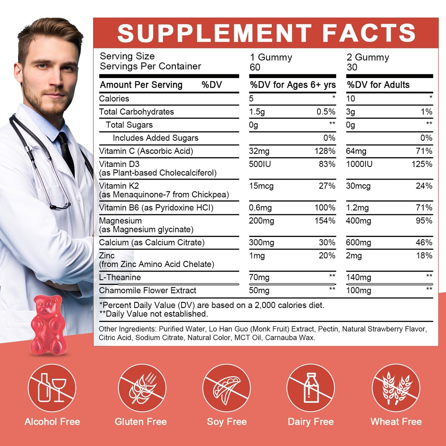 Magnesium Glycinate Gummies for Kids & Adults - Relaxation & Cognition Support - 400/200mg Magnesium Supplement with L-Theanine, Chamomile, B6, D3 & K2 WOGORGT