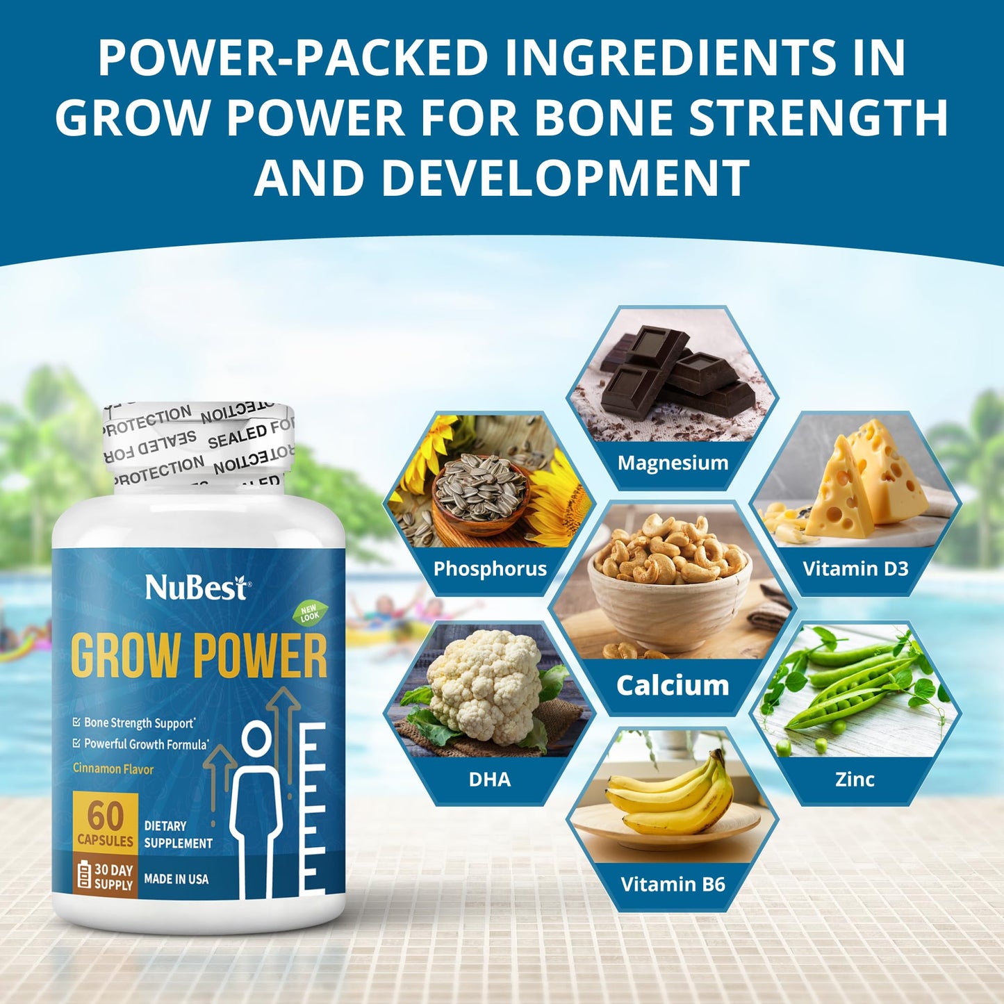 NuBest Grow Power - Calcium Supplement, Magnesium Supplement with Vitamin D3, B6, Zinc, Phosphorus and Multivitamin for Strong Bones, Overall Health for Age 10+ | 60 Capsules | 1 Month Supply NuBest
