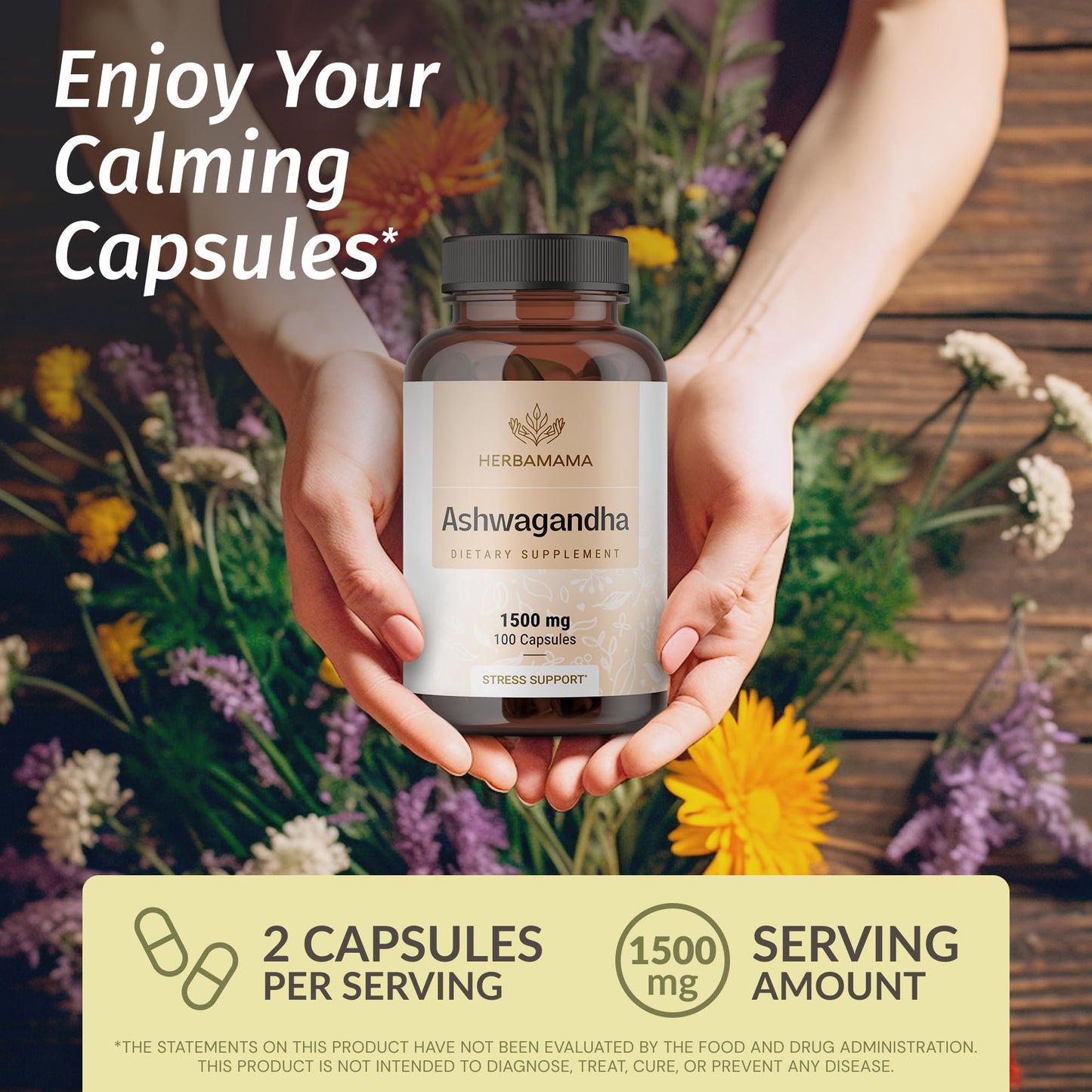 HERBAMAMA Ashwagandha Capsules - 1500mg Pure Ashwagandha Root Focus Supplement - Vegan, Non-GMO Mood & Calm Support Supplement for Adults, 100 Caps HERBAMAMA