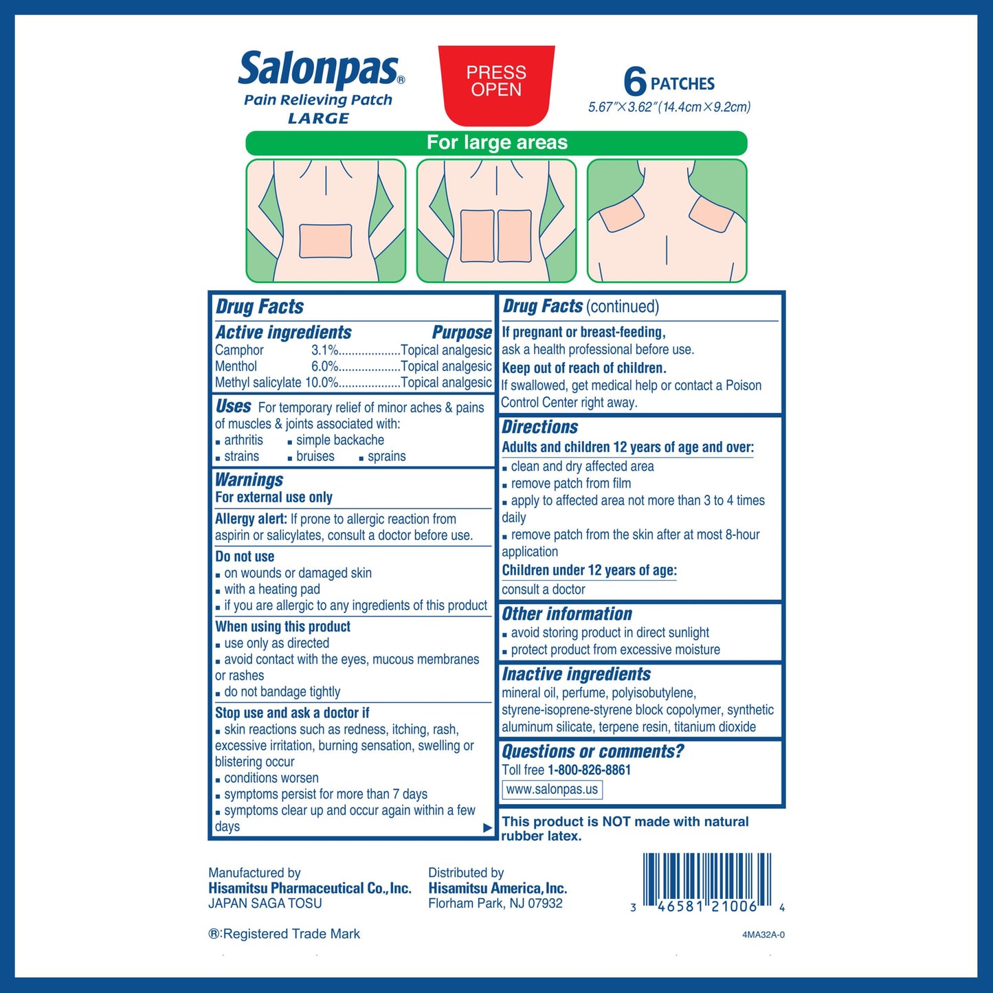 Salonpas Pain Relieving Patch, Large, 6 Count, for Back, Neck, Shoulder, Knee Pain and Muscle Soreness, 8 Hour Pain Relief Salonpas