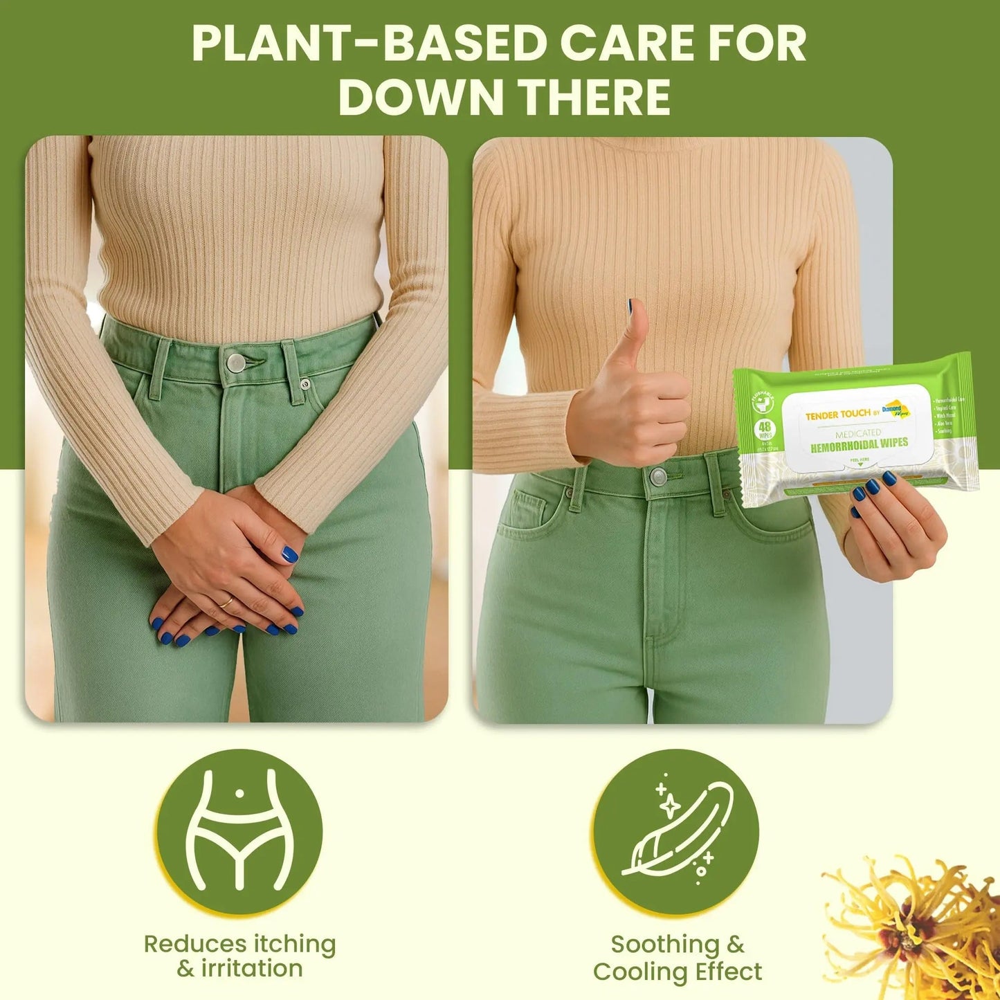 Tender Touch Hemorrhoid Wipes with Witch Hazel and Aloe, Flushable Medicated Wipes for Hemorrhoid and Vaginal Relief - Postpartum-Safe, Fragrance-free, Travel Size, 1 Pack, 48-ct. Diamond Wipes