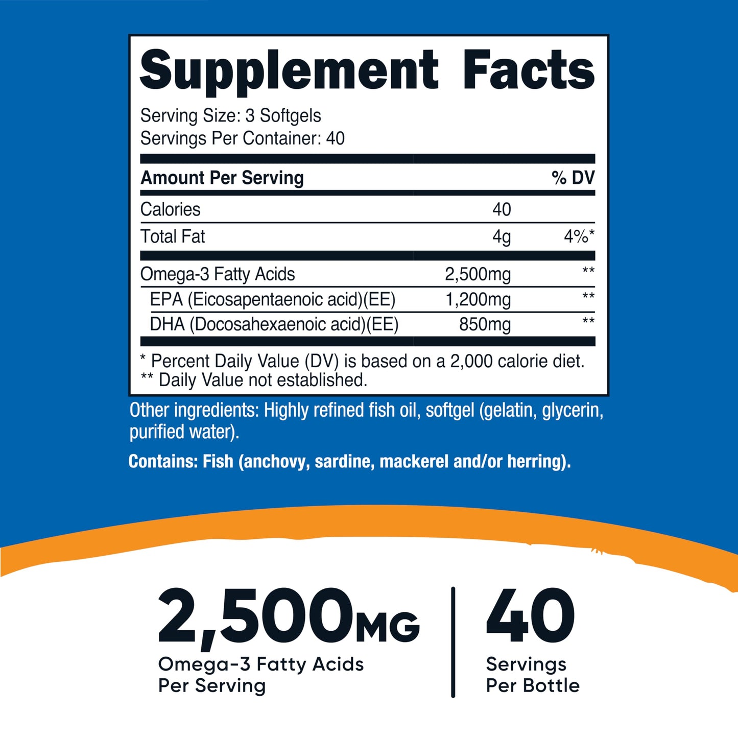 Nutricost Omega 3 Fish Oil - 2500MG, 120 Softgels (40 Serv) - Fish Oil, Wild Caught! 1200mg EPA 850mg DHA Nutricost
