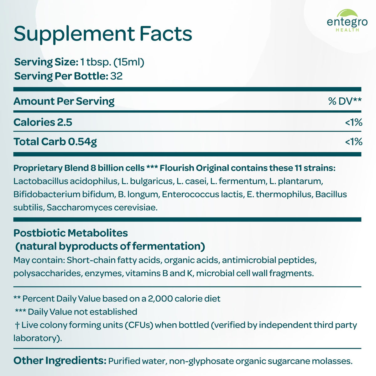 ENTEGRO Flourish Original Liquid Probiotic & Postbiotic Supplement - Glass | 11 Live Cultures | Gut & Digestive Health for Women, Men & Kids | Organic, Vegan ENTEGRO