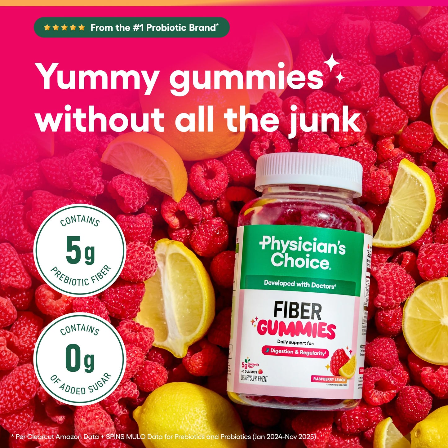 Physician’s Choice Fiber Gummies for Digestive Health & Regularity - Raspberry Lemon Flavor - No Sugar Added & Vegan - Natural Chicory Root Prebiotic Fiber Physician's CHOICE
