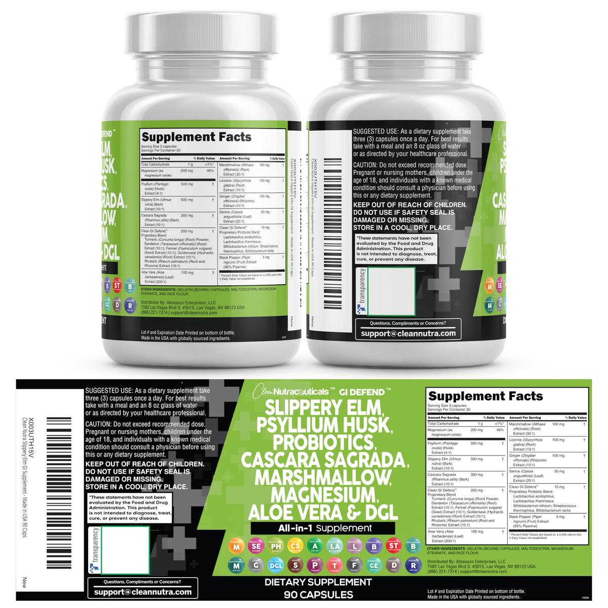 Clean Nutraceuticals Slippery Elm Psyllium Husk Pre Probiotic Digestive Gut Health Supplement with Aloe Vera Cascara Sagrada Clean Nutraceuticals