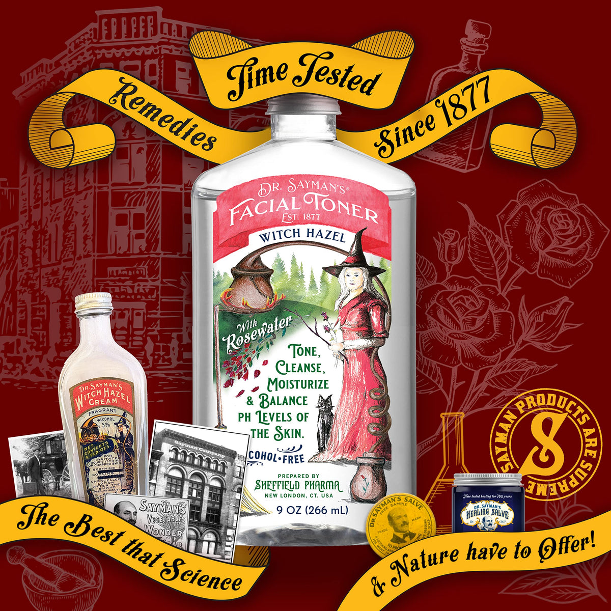 Dr. Saymans Alcohol-Free Facial Toner with Witch Hazel, Rosewater & Rice Protein, Removes Impurities & Hydrates Your Face, 9 oz Sayman Salve