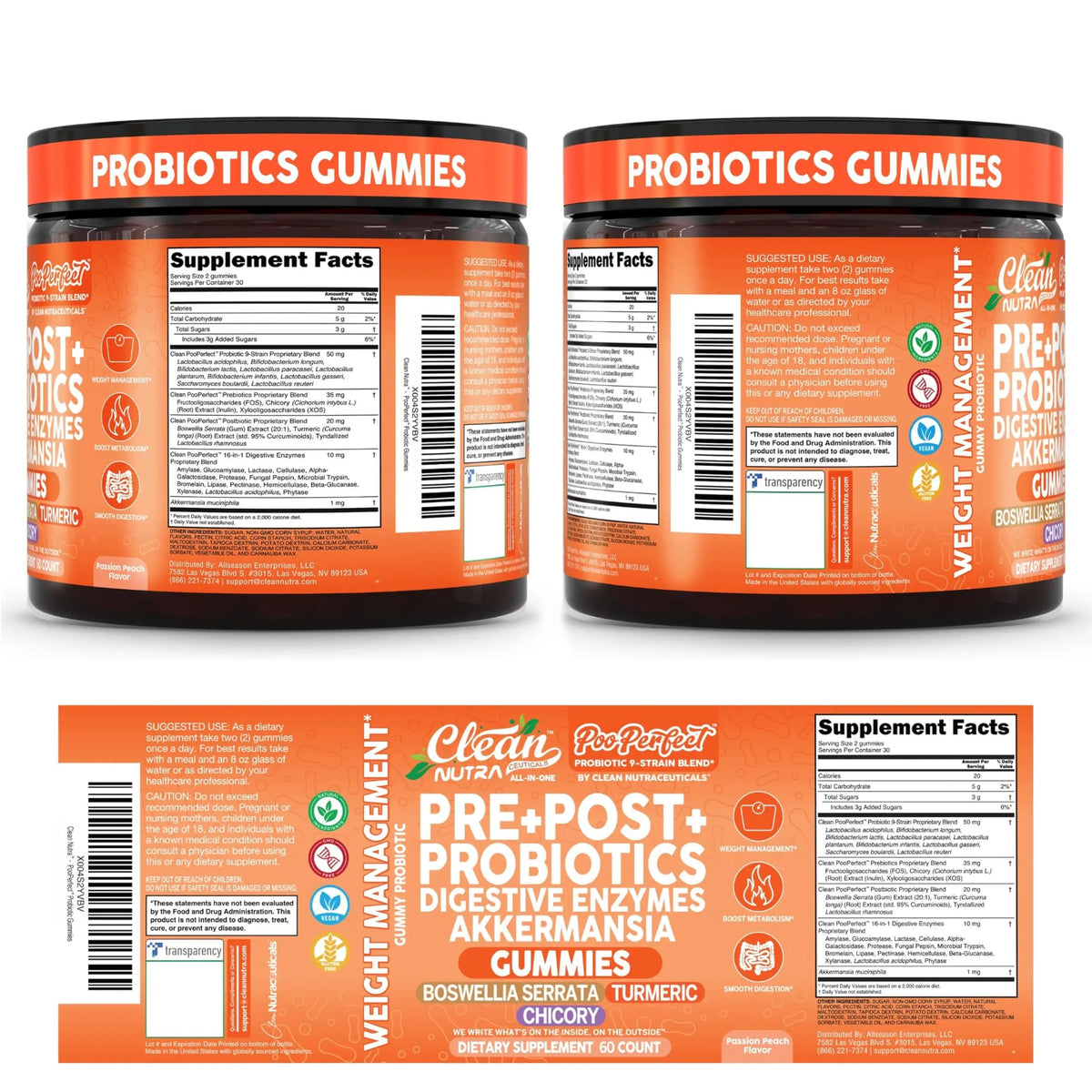 Clean Nutra Prebiotic Postbiotic Digestive Enzymes Gummies with Chicory Root, Boswellia Serrata, Turmeric, and Akkermansia | Pre+Post Probiotics Supplement Clean Nutraceuticals